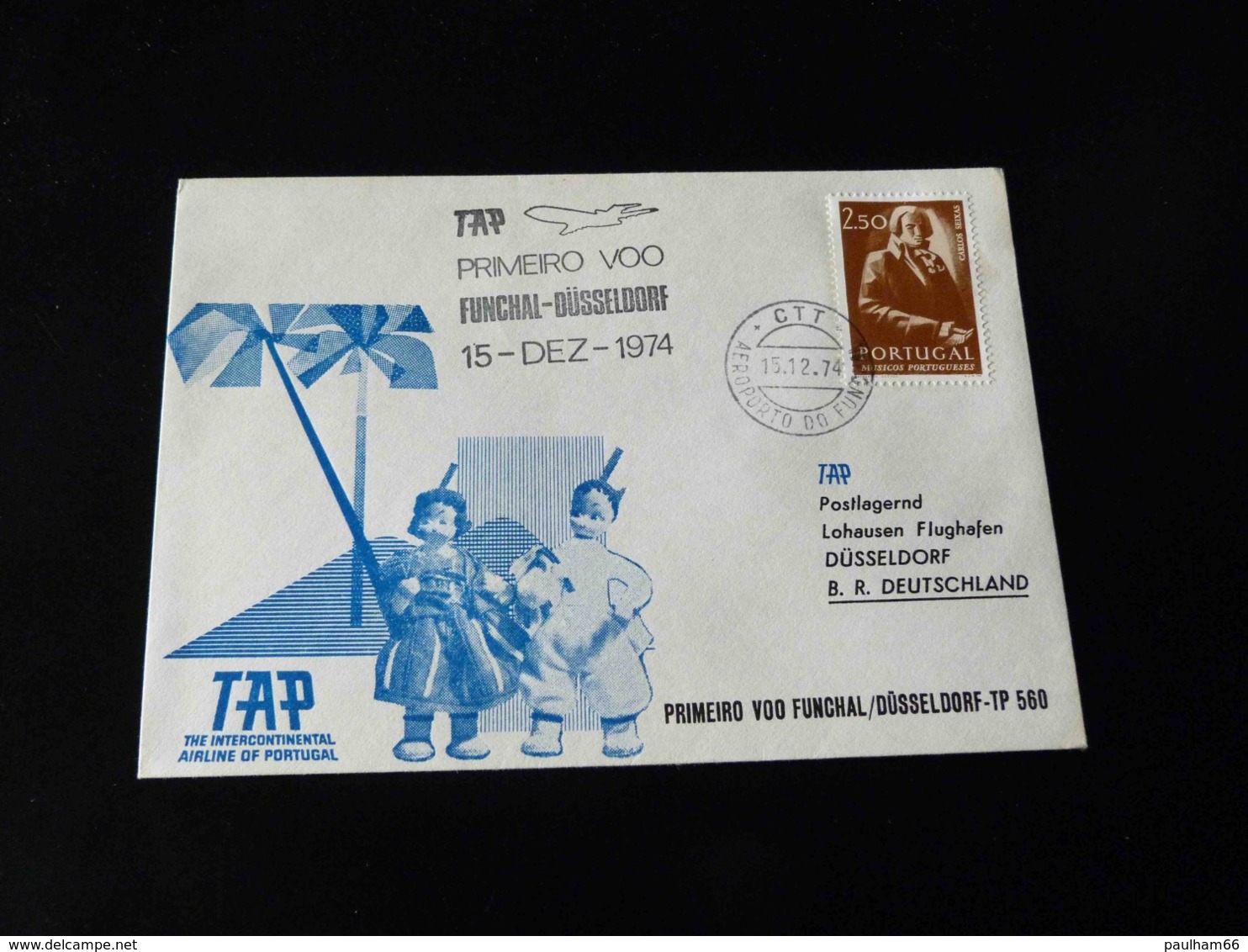 ENVELOPPE   PREMIER VOL FUNCHAL - DUSSELDORF  -  1974  - - Avions