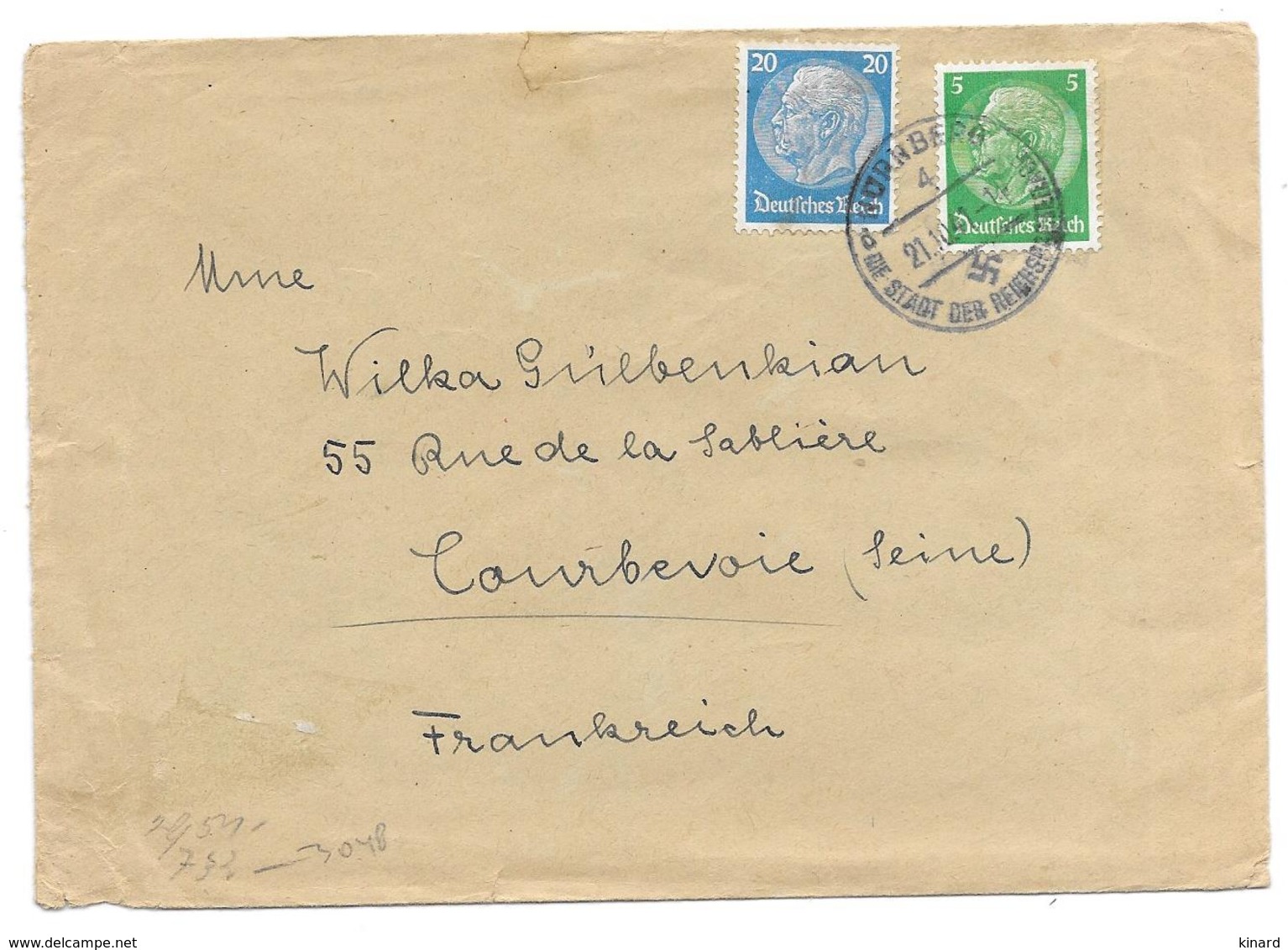 LETTRE BANDE DE CENSURE..ALLEMANDES   DE NORNBREG..1941. POUR COURBEVOIE. TBE . SCAN - Guerre De 1939-45