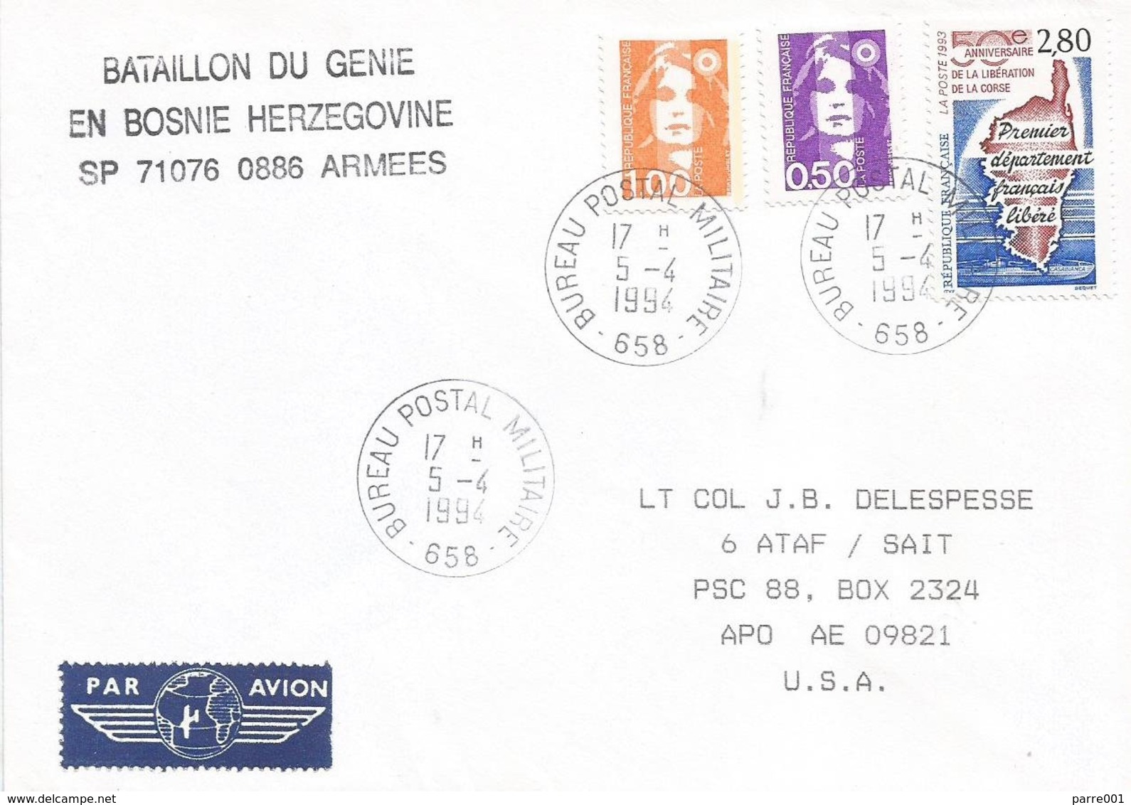 France 1994 BPM 658 Mostar Genie Ex-Yugoslavia War UNPROFOR Peacekeeping Military Cover To APO AE 09821 Turkey - Militaria