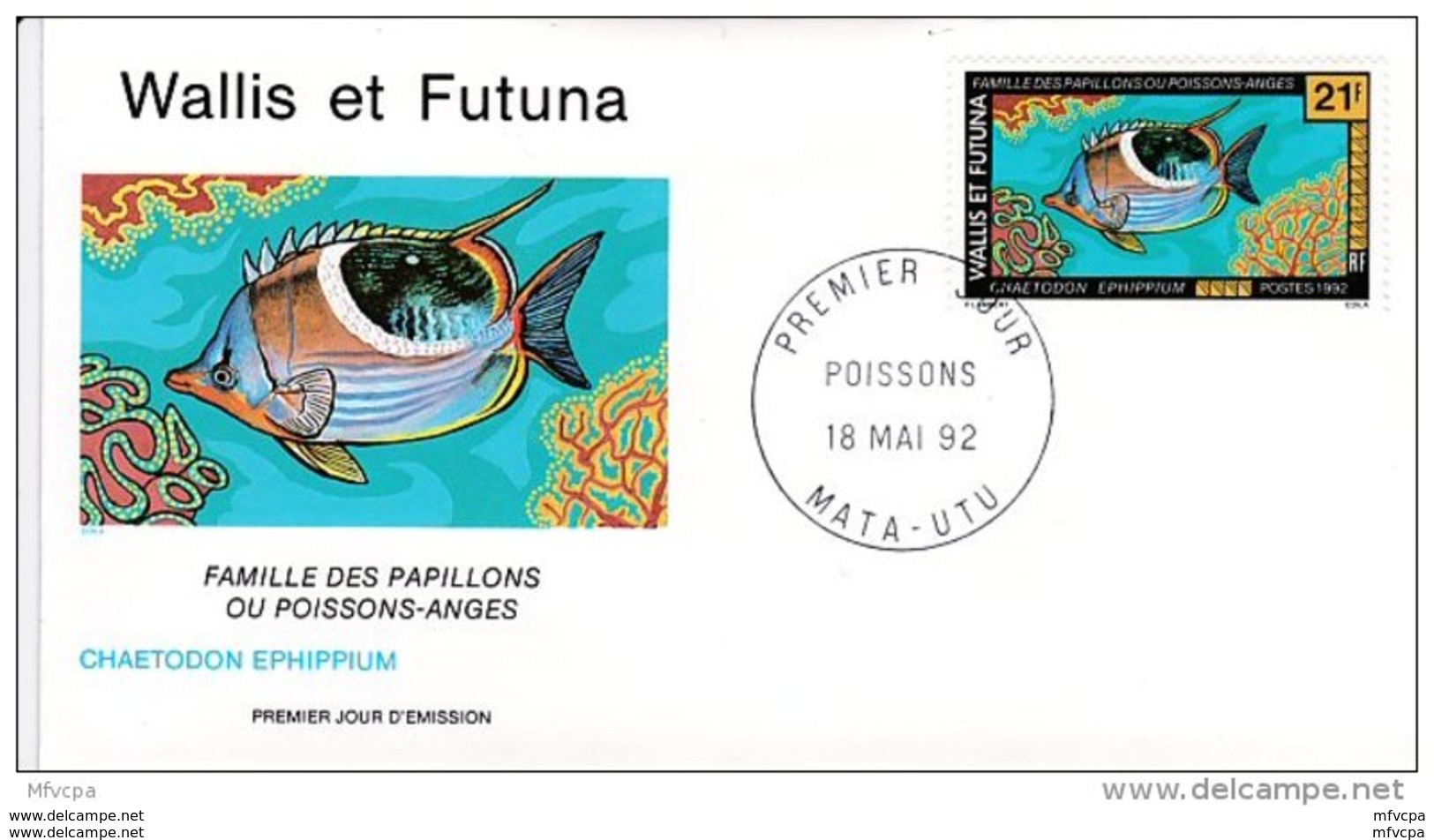 L4P125 WALLIS ET FUTUNA 1992 Poissons FDC Chaetodon  Ephippium 21f Mata-Utu 18 05 1992/envel.  Illus. - Poissons