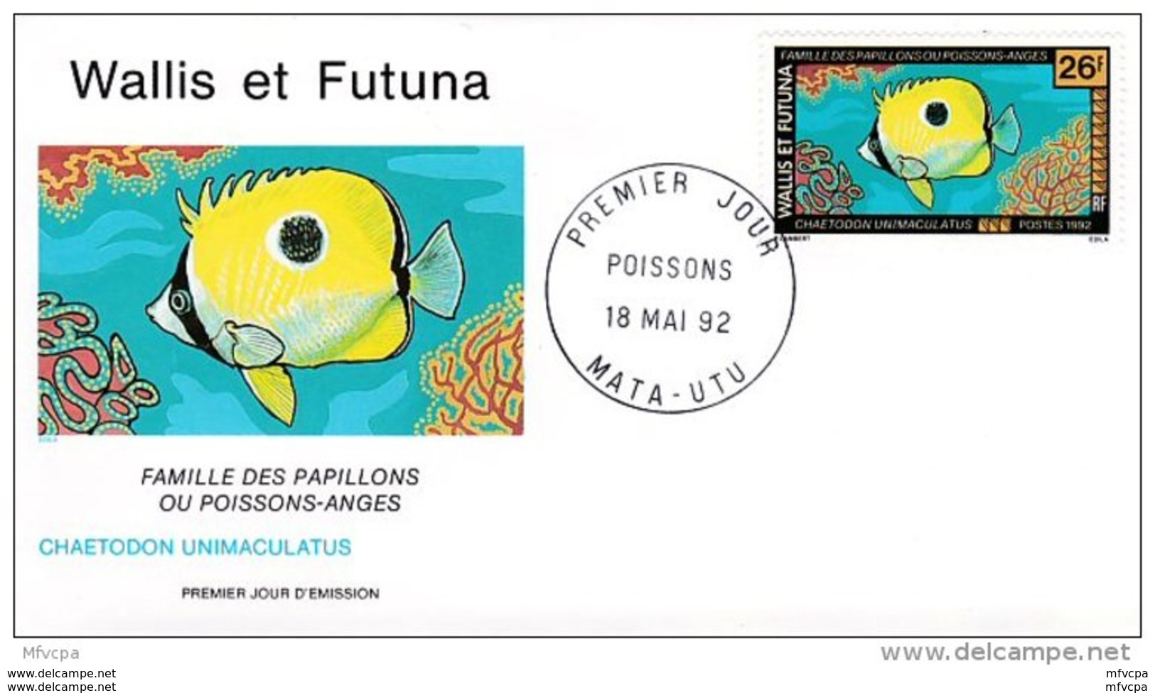 L4P126 WALLIS ET FUTUNA 1992 Poissons FDC Chaetodon Unimaculatus 26f Mata-Utu 18 05 1992/envel.  Illus. - Fische