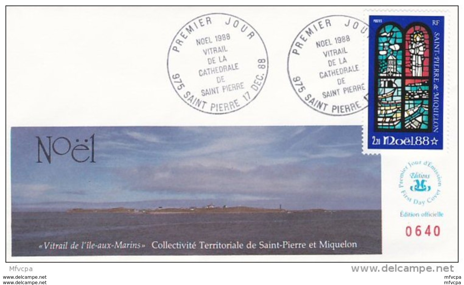 L4P190 SAINT PIERRE MIQUELON 1988 Noël FDC Vitrail Cathédrale De Saint Pierre  2,20f Saint-Pierre 17 12 1988 /envel.  Il - FDC