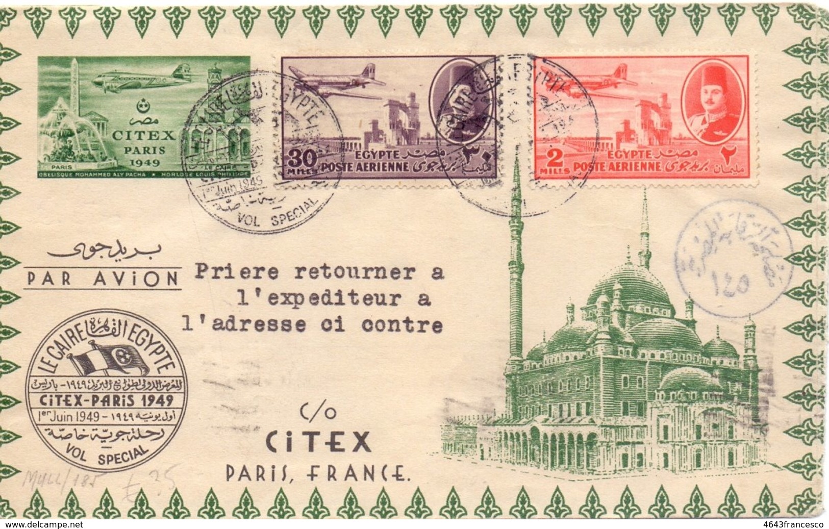 1949 Volo Speciale     Cairo--PARIS   Interessante Affrancatura- Franc - Storia Postale