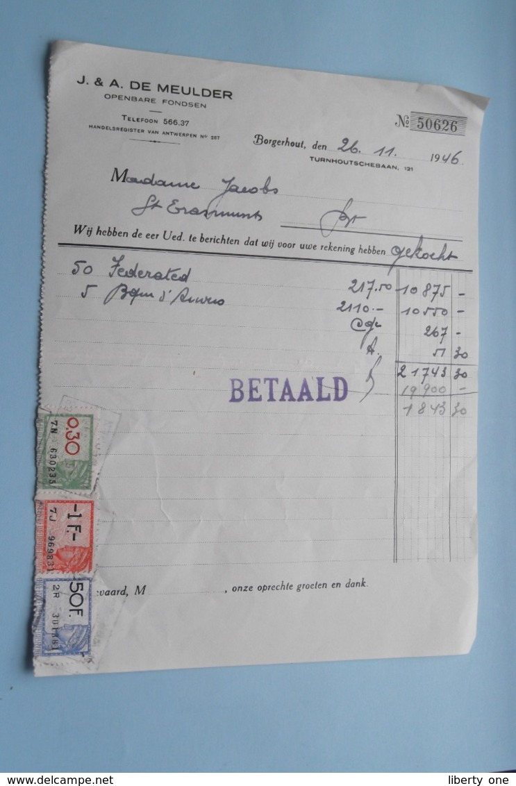 J. & A. DE MEULDER Openbare Fondsen BORGERHOUT > Anno 1946 ( Zie Foto's ) 2 Stuks ! - Bank En Verzekering