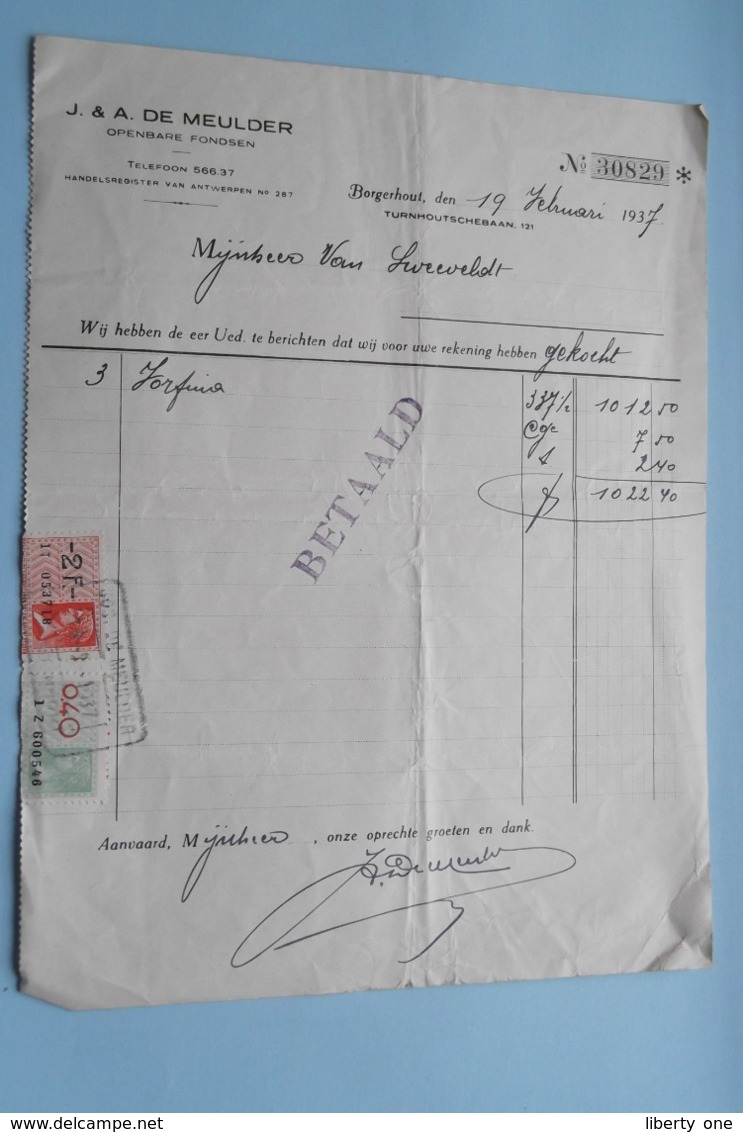 J. & A. DE MEULDER Openbare Fondsen BORGERHOUT > Anno 1937 ( Zie Foto's ) 1 Stuk ! - Banco & Caja De Ahorros