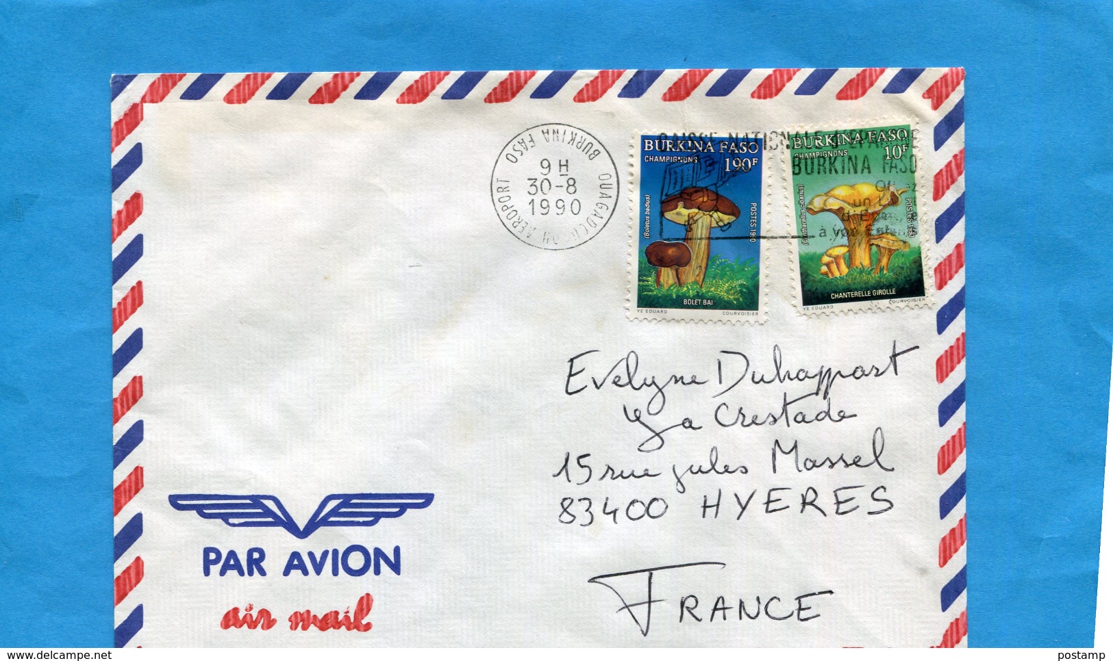 MARCOPHILIE-Lettre-Burkina Faso >Françe-cad Ouagadougou Aéroport 1990-2-stamps N° 822+5 Champignons-chanterelle +bollet - Burkina Faso (1984-...)