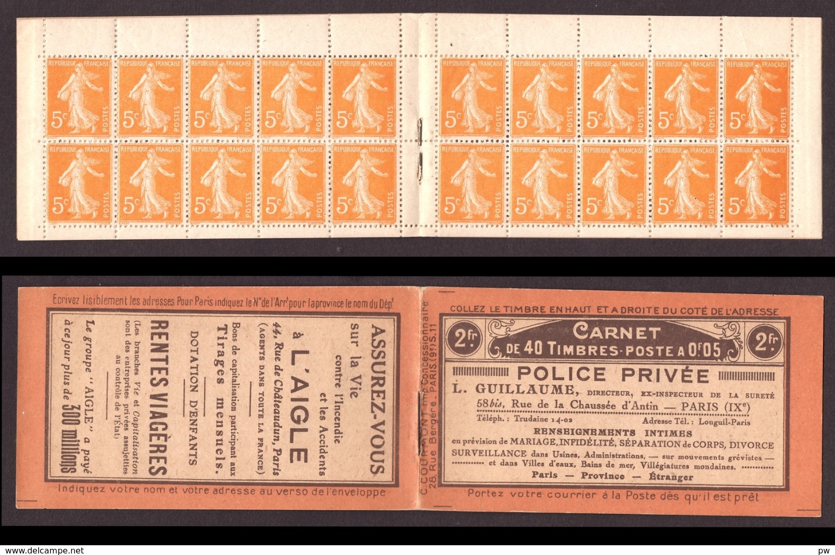 FRANCE 1921-22 SEMEUSE GRASSE YT N° 158a – Carnet 158-C2 5c Orange T.2A Carnet Avec Pub Privée - 1906-38 Semeuse Camée