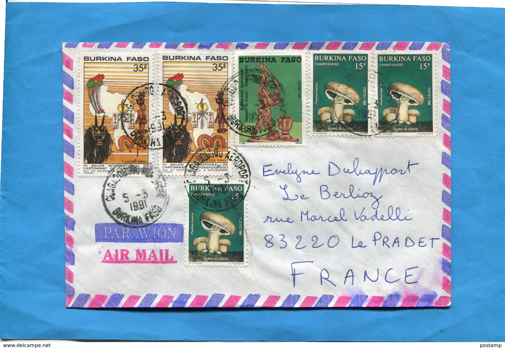 MARCOPHILIE-Lettre-Burkina Faso >Françe-cad Ouagadougou Aéroport 1991-6-stamps N° 823 Champignons-+826 Salon Artisanat - Burkina Faso (1984-...)