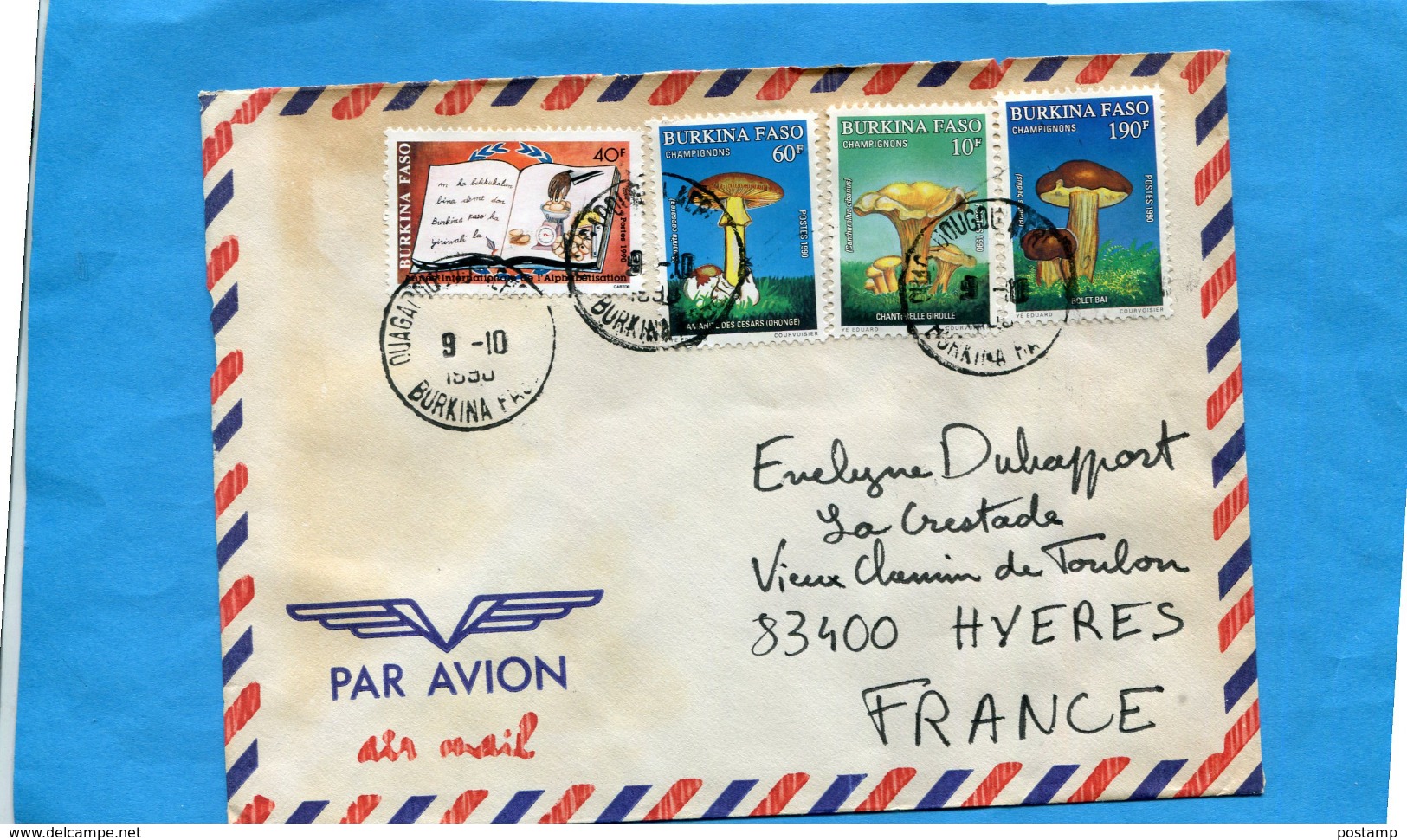 MARCOPHILIE-Lettre-Burkina Faso >Françe-cad Aéroport 1991-4-stamps N° 822+24+25 Champignons-+820 Alphabétisation - Burkina Faso (1984-...)