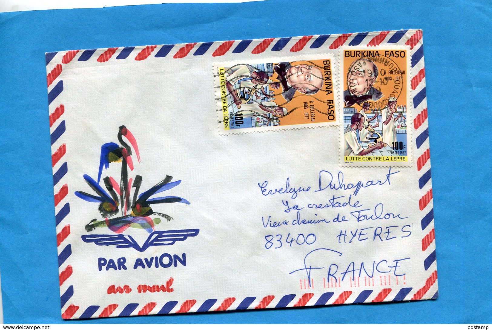 MARCOPHILIE-Lettre-Burkina Faso >Françe-cad1990-2-stamps N° 738 R Follereau-la Lèpre - Burkina Faso (1984-...)