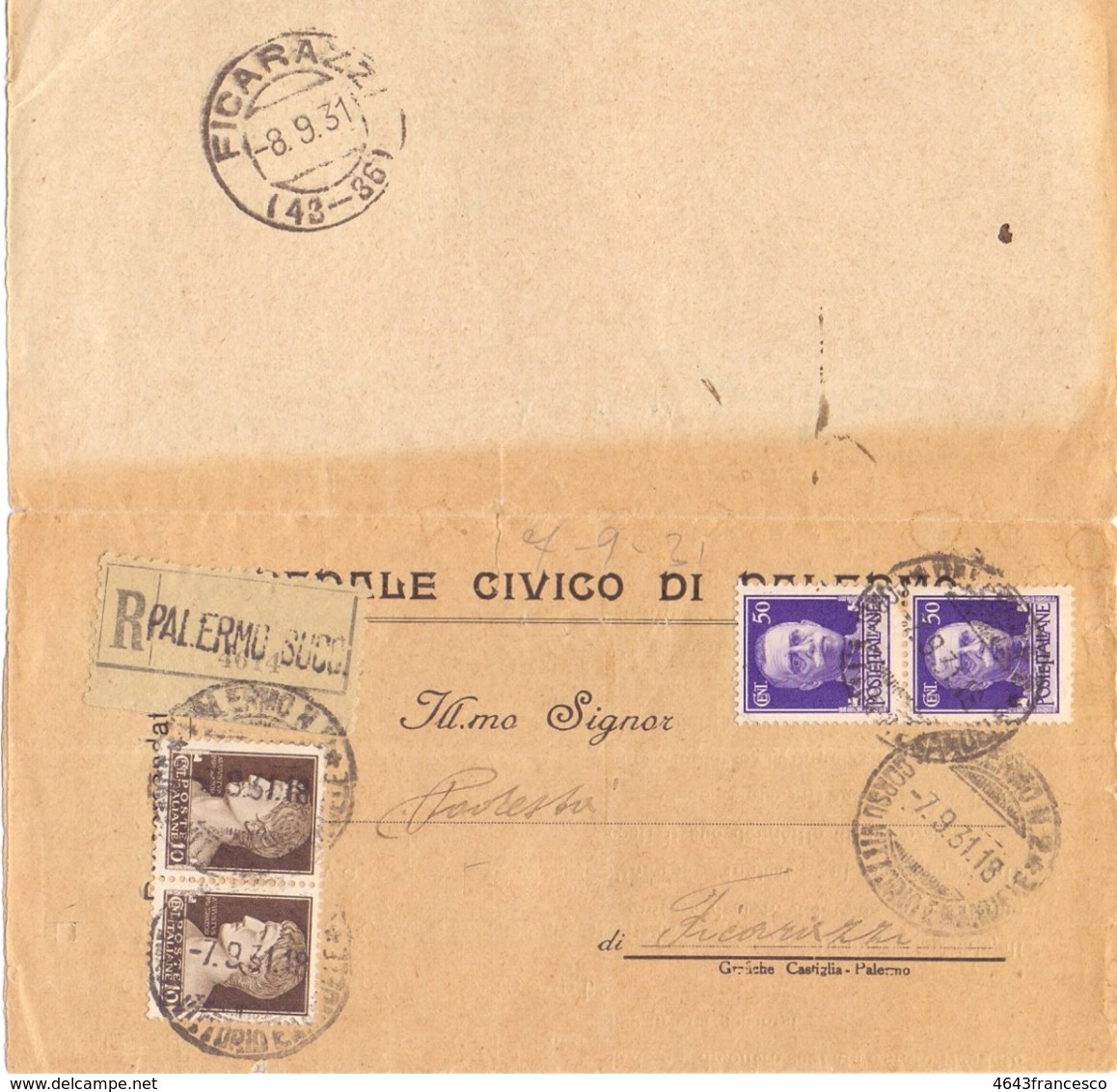 1931 Da Ospedale Civico Di PALERMO Per Ficarazzi (PA) - Franc - Marcophilia
