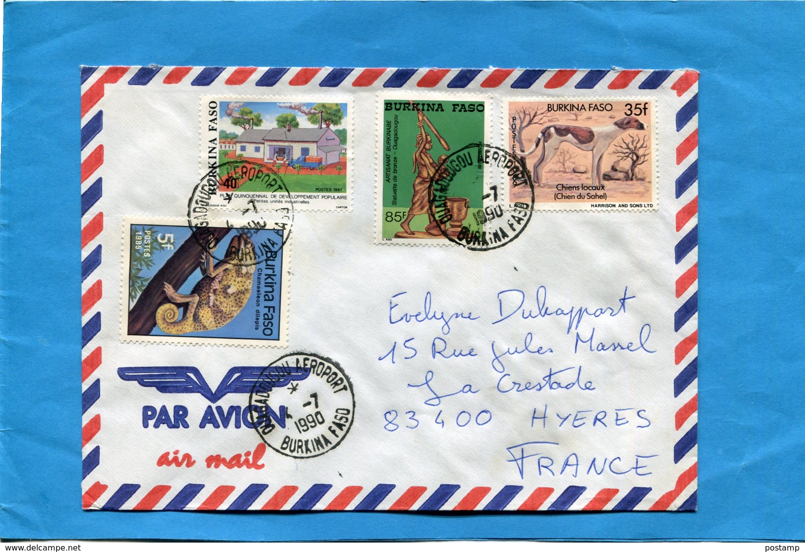 MARCOPHILIE-Lettre-Burkina Faso >Françe-cad1990-4-stamps N° 807 Dog-sahel-662 Chamaleon - Burkina Faso (1984-...)