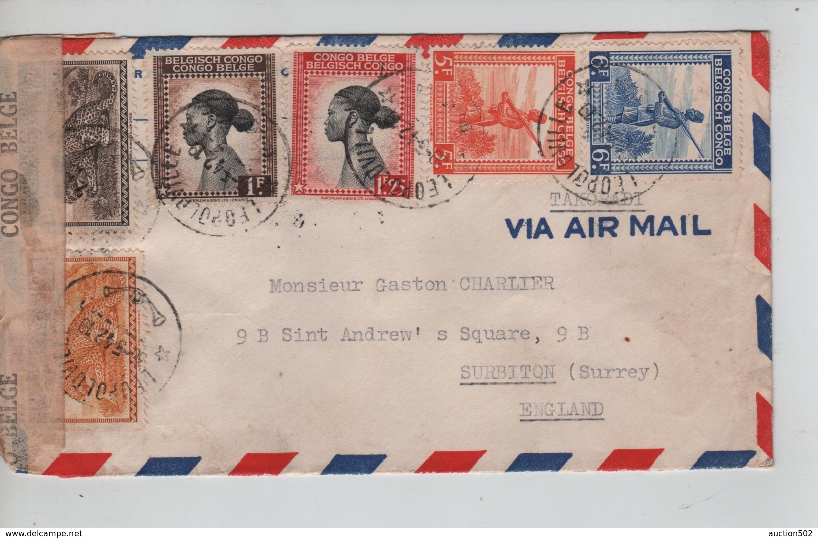 PR6999/ TP 237-258-263-264+TP S/L.Avion C.Léo.1942 Censure Congo Belge 30 > England Surbiton - Brieven En Documenten