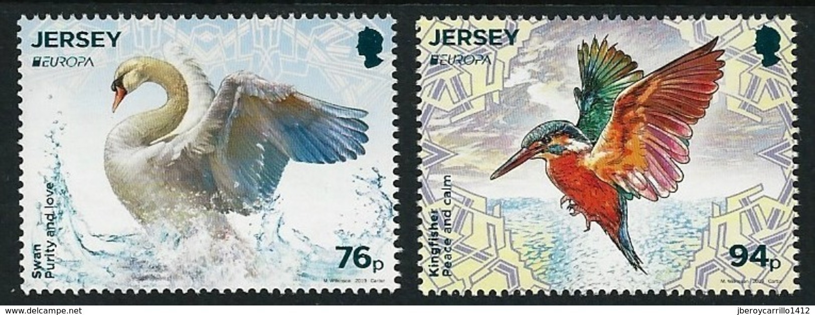 JERSEY - EUROPA 2019 - NATIONAL BIRDS & SYMBOLISH.- "AVES - BIRDS - VÖGEL - OISEAUX"-  SERIE De 2 V. Logo EUROPA - 2019