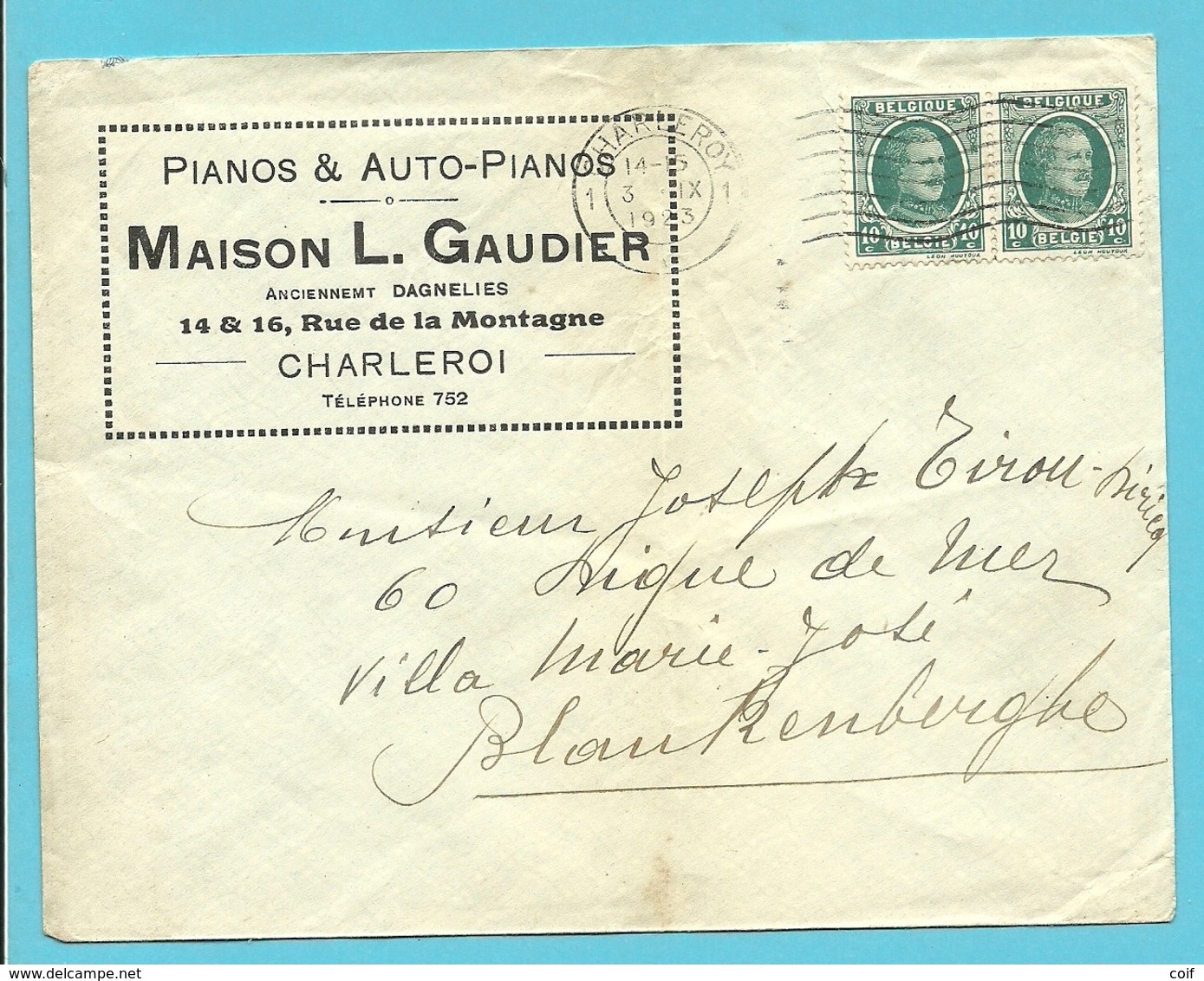 194 Op Brief Stempel CHARLEROY , Hoofding " PIANOS & AUTO-PIANOS MAISON L.GAUDIER" - 1922-1927 Houyoux