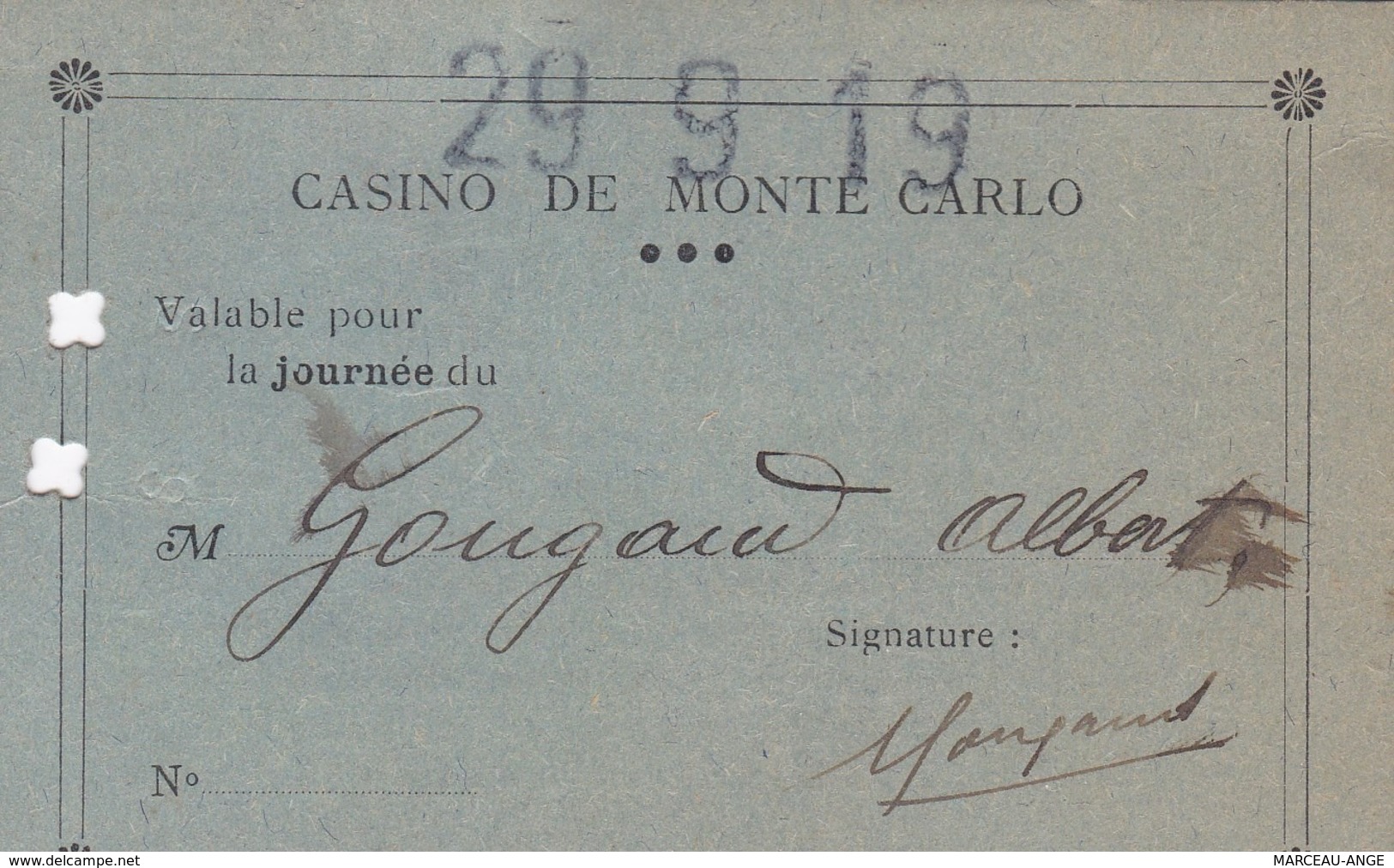 CARTE D'ADMISSION Casino Des Sables D'olonnes ((TRES RARE)),et Monte Carlo,tres Courant ,LOT DE 3 CARTES 1919/21 - Tickets D'entrée