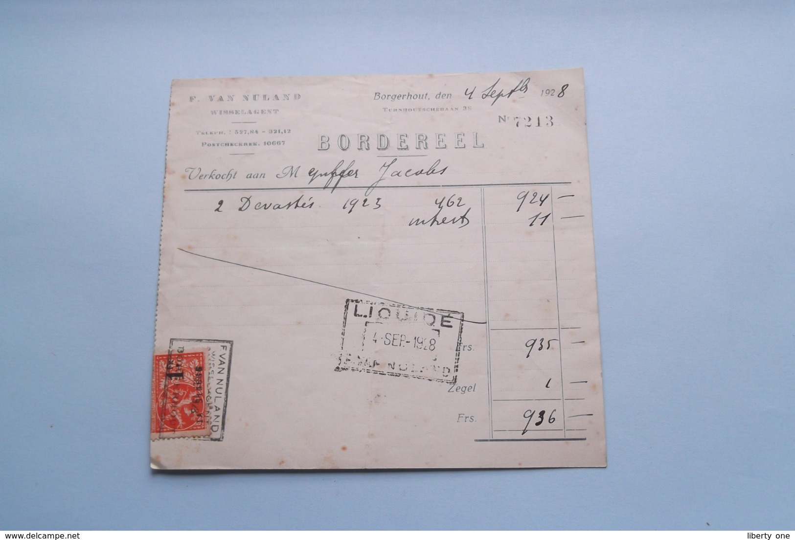 F. Van NULAND WISSELAGENT BORGERHOUT Antwerpen > BORDEREEL Anno 1928 ( Zie Foto's ) 1 Stuk ! - Bank & Insurance