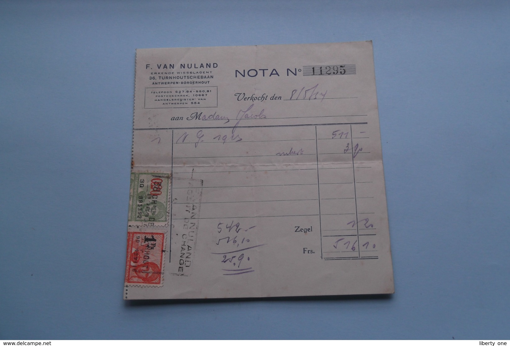 F. Van NULAND WISSELAGENT BORGERHOUT Antwerpen > Nota Anno 1934 ( Zie Foto's ) 1 Stuk ! - Banque & Assurance