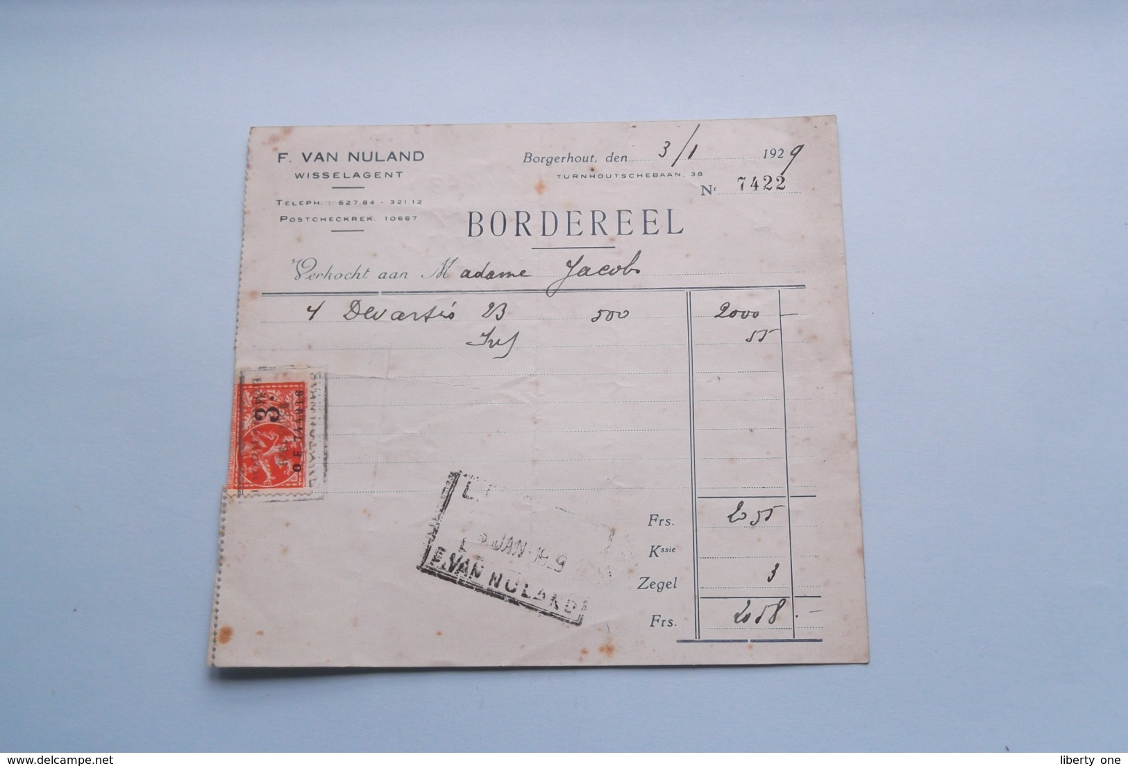 F. Van NULAND WISSELAGENT BORGERHOUT Antwerpen > BORDEREEL Anno 1929 ( Zie Foto's ) 1 Stuk ! - Bank & Versicherung