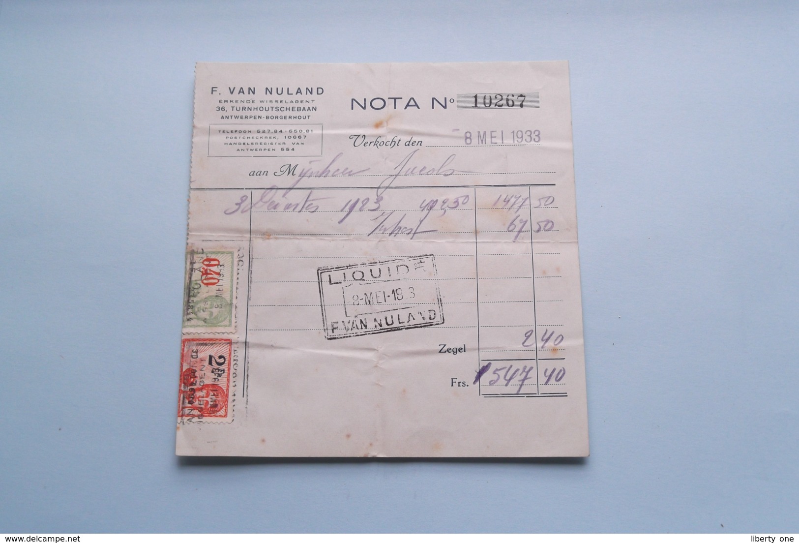 F. Van NULAND WISSELAGENT BORGERHOUT Antwerpen > Nota Anno 1933 ( Zie Foto's ) 1 Stuk ! - Bank & Insurance