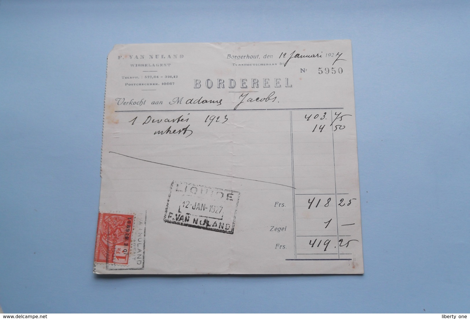 F. Van NULAND WISSELAGENT BORGERHOUT Antwerpen > BORDEREEL Anno 1927 ( Zie Foto's ) 1 Stuk ! - Bank & Insurance