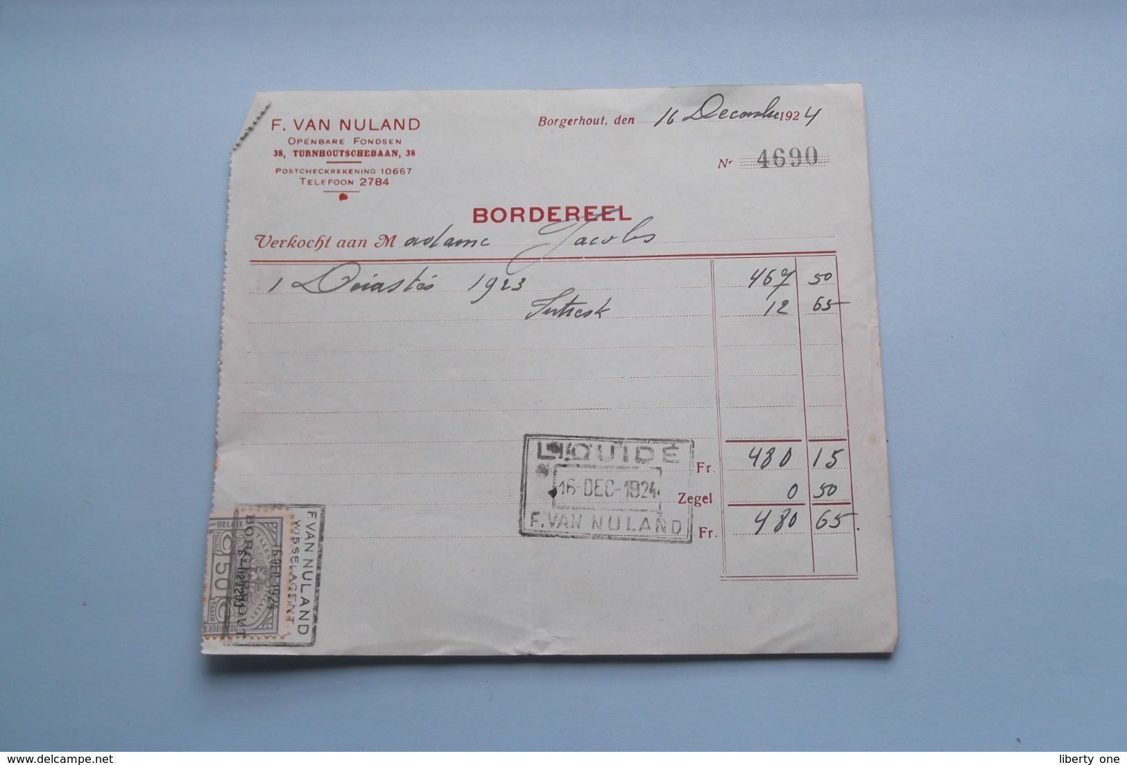 F. Van NULAND WISSELAGENT BORGERHOUT Antwerpen > BORDEREEL Anno 1924 ( Zie Foto's ) 1 Stuk ! - Banque & Assurance
