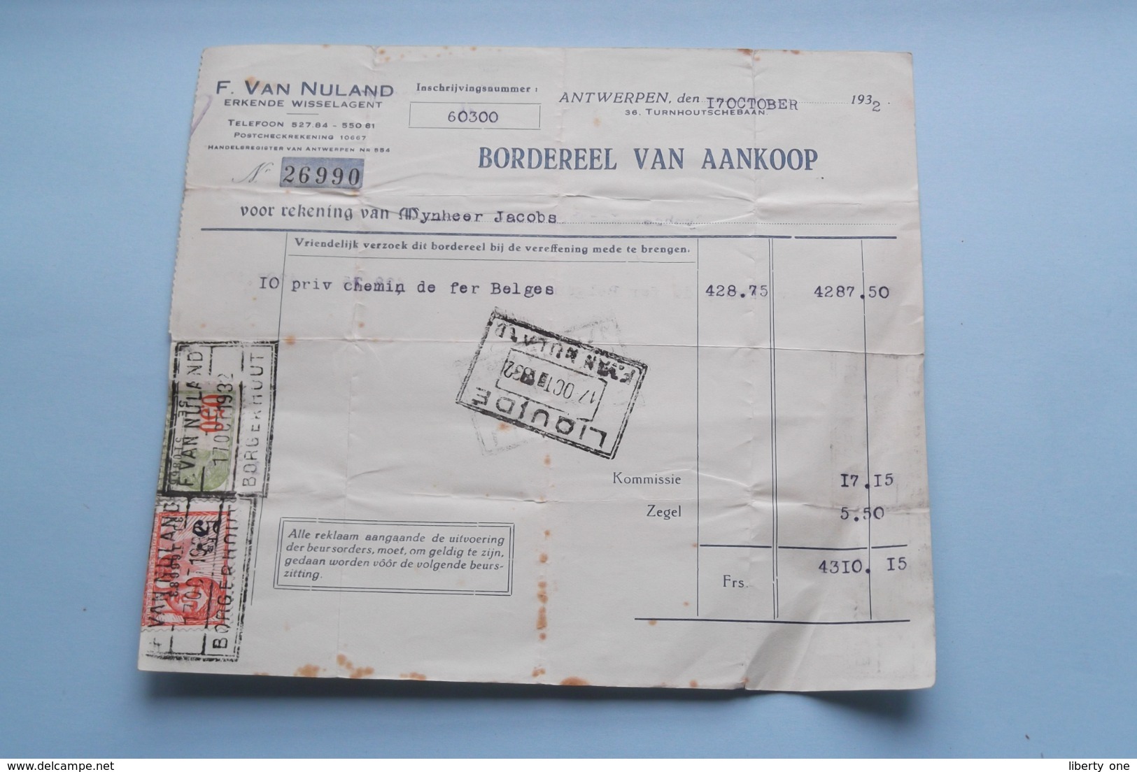 F. Van NULAND WISSELAGENT BORGERHOUT Antwerpen > BORDEREEL Van Aankoop Anno 1932 ( Zie Foto's ) 1 Stuk ! - Bank & Versicherung