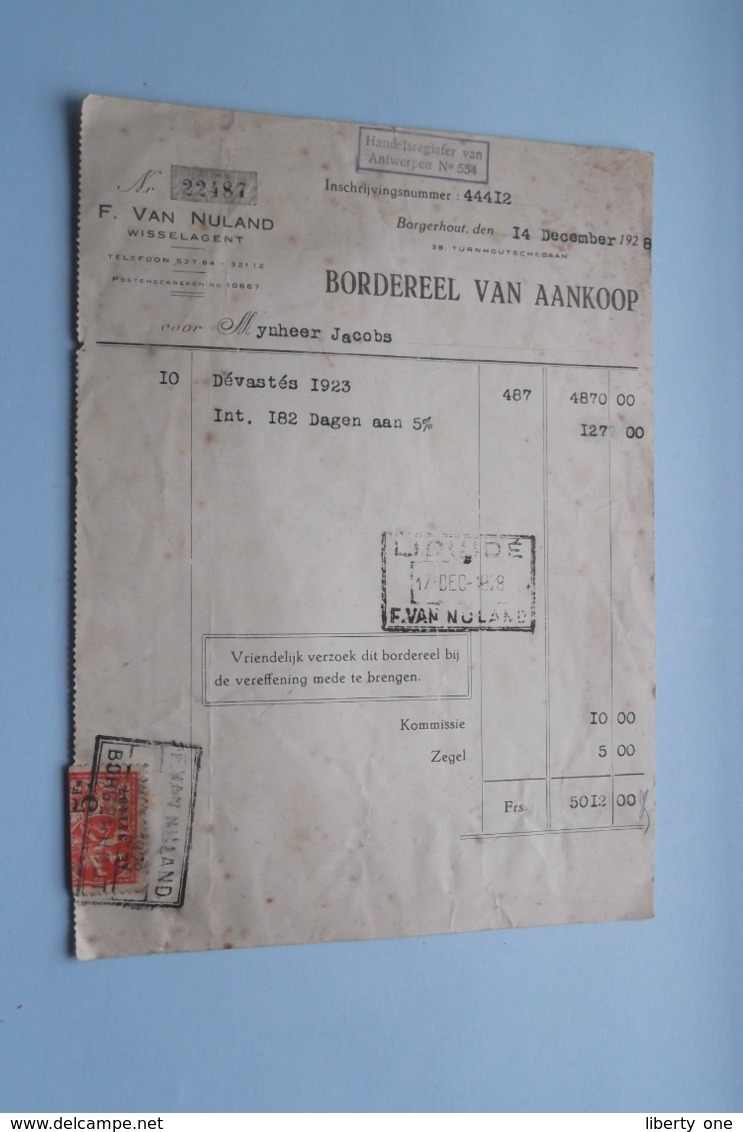 F. Van NULAND WISSELAGENT BORGERHOUT Antwerpen > BORDEREEL Van Aankoop Anno 1928 ( Zie Foto's ) 1 Stuk ! - Bank En Verzekering