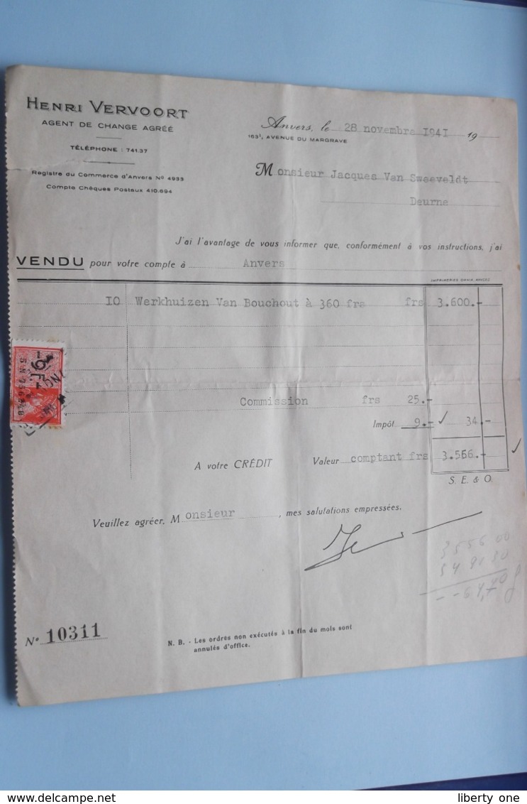 Henri VERVOORT Agent De CHANGE Agrée ANVERS > Vendu Anno 1941 ( Zie Foto's ) 2 Stuks ! - Bank & Versicherung