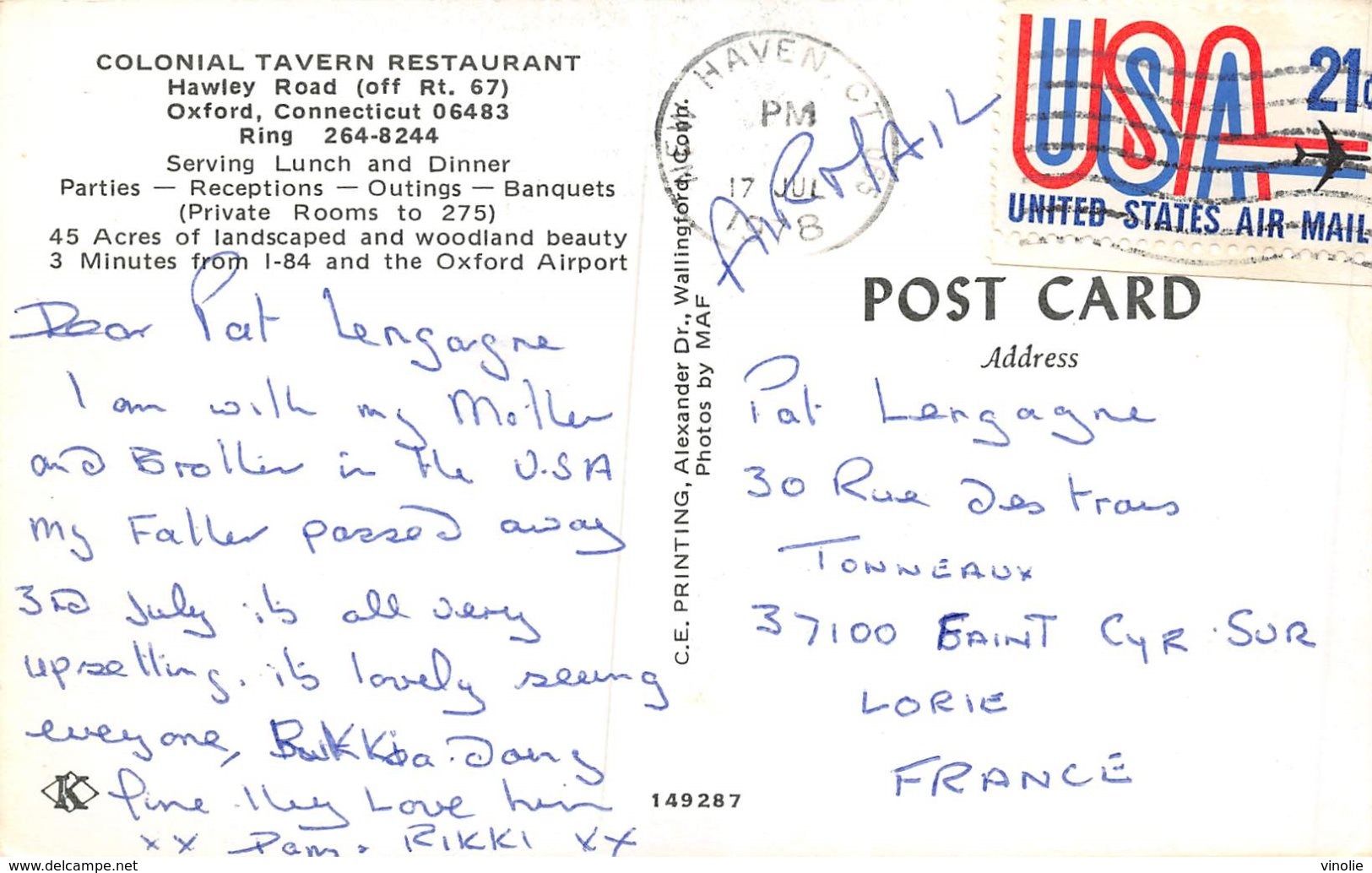 PIE.Z.19-PF.T-946 :  COLONIAL TAVERN RESTAURANT. HAWLEY ROAD. OXFORD CONNECTICUT. - New Haven