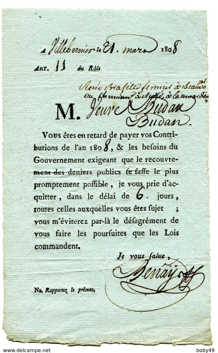 MAINE ET LOIRE De VILLEBERNIER Imprimé Des Contributions Du 21/03/1808 (verso Vierge) - Manuscrits