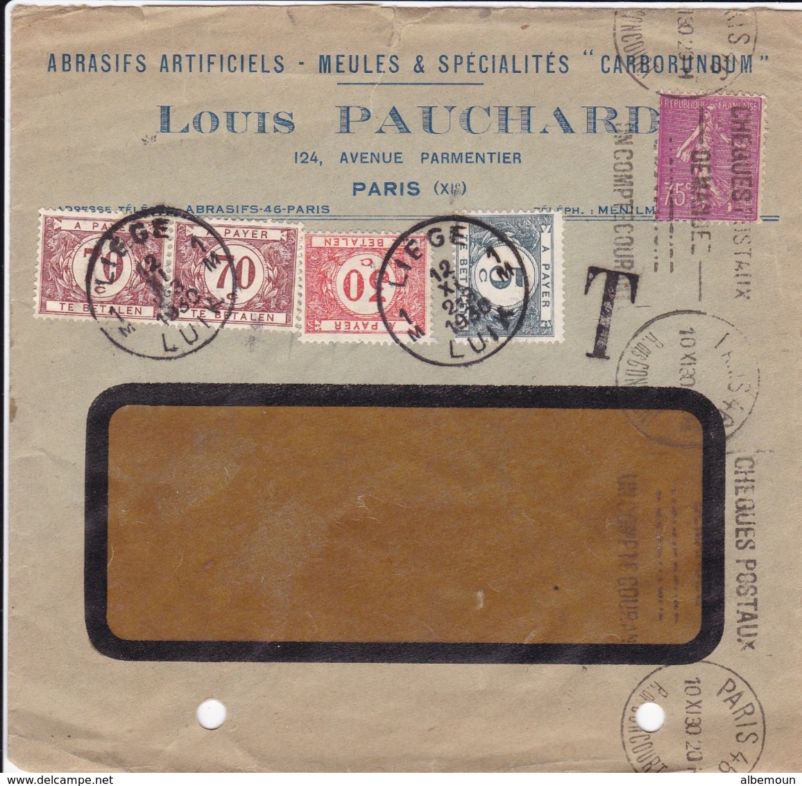 Plis à Entête Ets Pauchard Paris  Taxée En Belgique à 1.05 Francs 1930 - 1900 – 1949