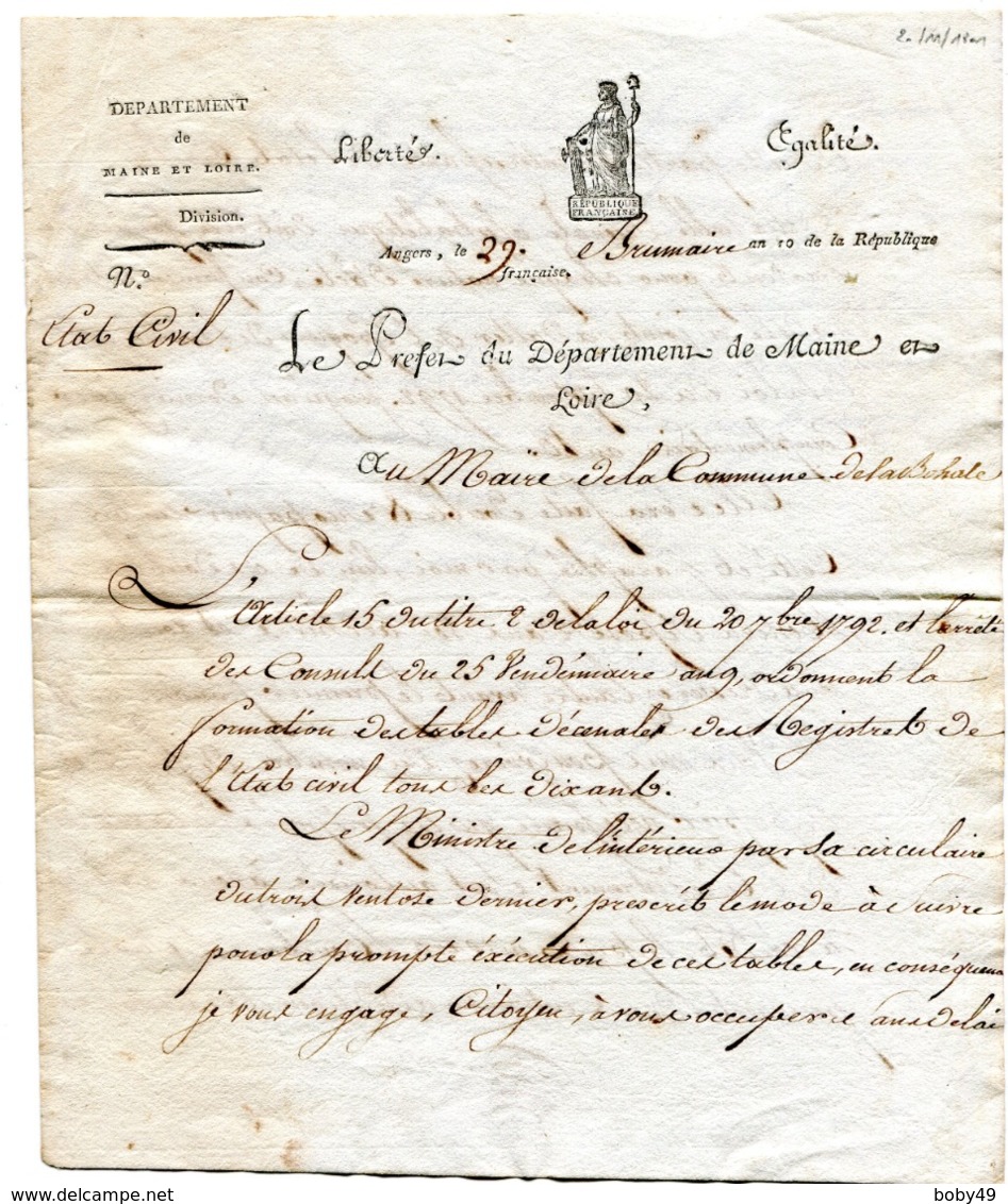 MAINE ET LOIRE De ANGERS Lettre A En Tête Du Prefet Du 20/11/1801 Pour Le Maire De LA BOHALLE (pas De Marque Postale) - Manuscrits