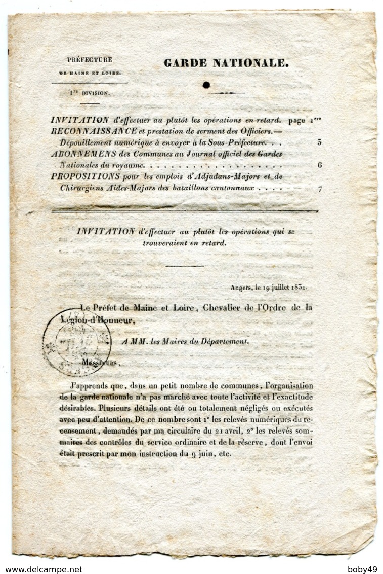 MAINE ET LOIRE De ANGERS  Circulaire De La GARDE NATIONALE Du 19/071831 Avec Dateur T 13 Du 25/07/1831 ( 4 Pages) - Manuscrits