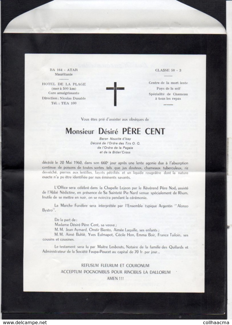 Militaria 1958 Père Cent /  Faire-part De Mr Désiré Père Cent De La Base Aérienne BA 164 à Atar Mauritanie Classe 58 / 3 - Décès