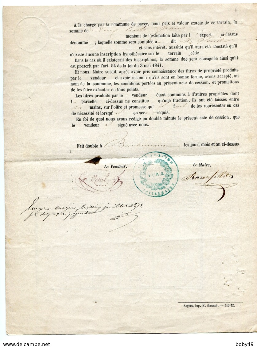 MAINE ET LOIRE De BOUCHEMAINE Acte D'achat D'un Jardin à LA POINTE Du 30/06/1872 - Manuscrits