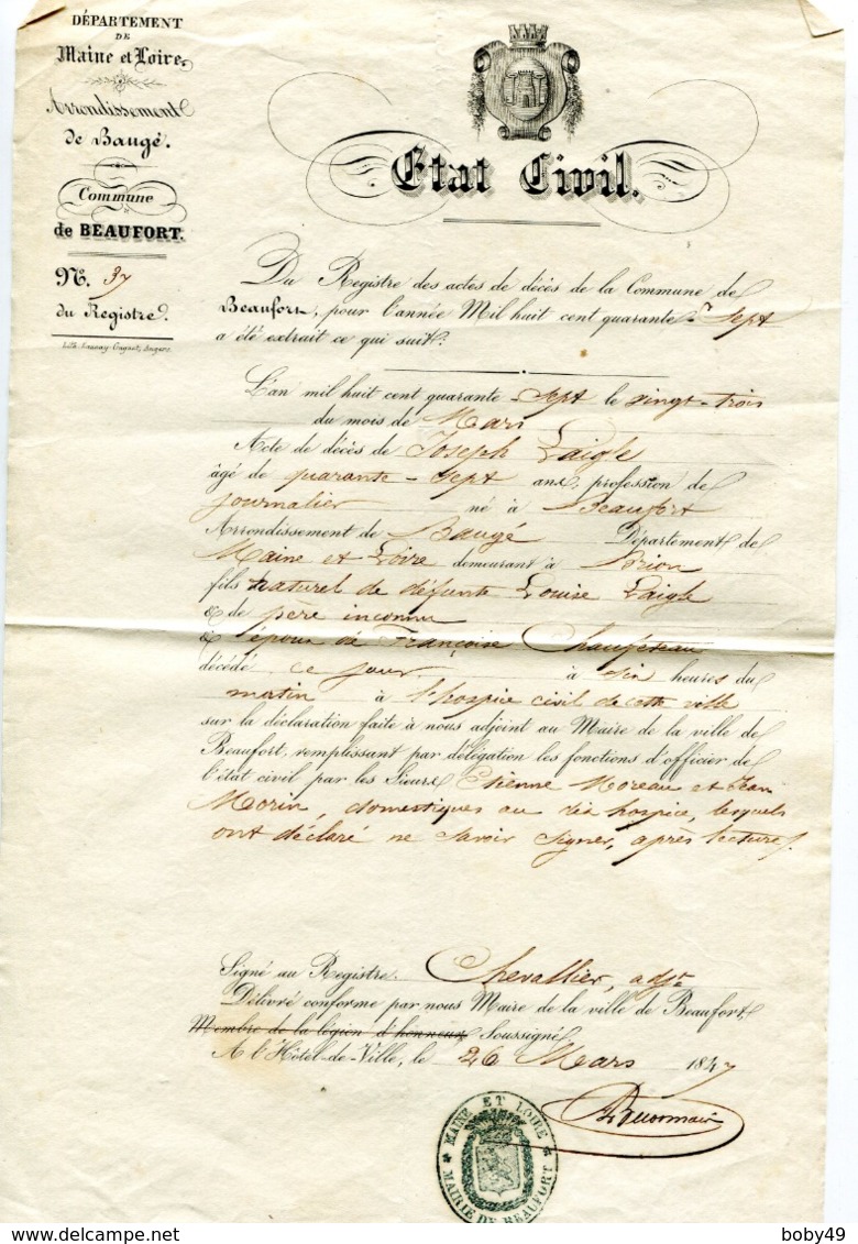 MAINE ET LOIRE De BEAUFORT EN VALLEE Extrait D'acte De Décès De 1847 - Manuscrits