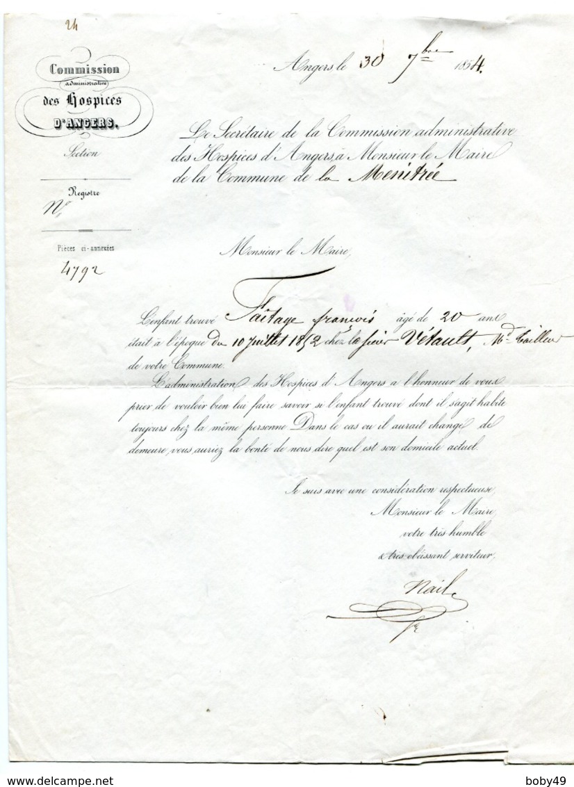 MAINE ET LOIRE De ANGERS Lettre De La Commission Des Hospices Du 30/09/1854 ( Verso Vierge) - Manoscritti