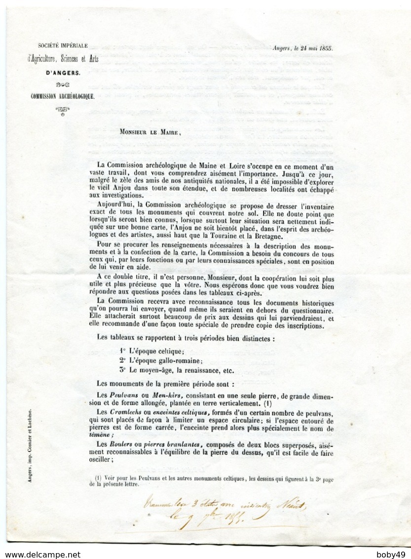 MAINE ET LOIRE De ANGERS Circulaire Du 24/05/1855 De La Commission Archeologique  "inventaire Des Monuments" - Manuscrits