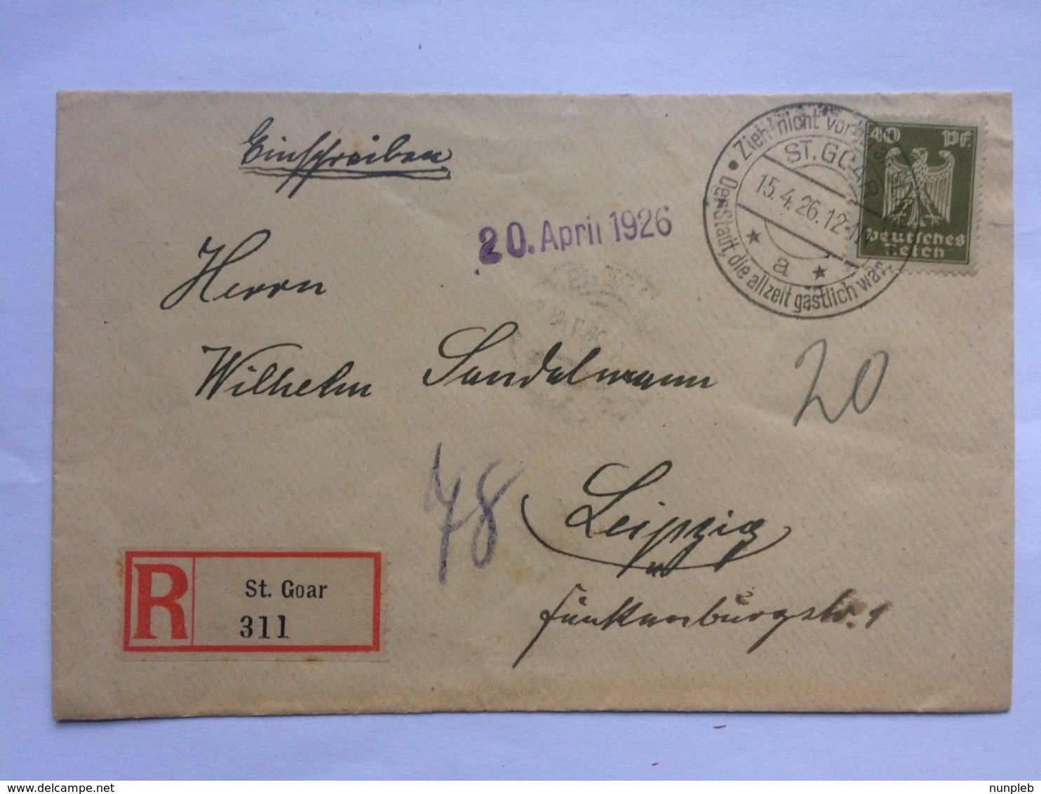 GERMANY 1926 Registered St. Goar Cover With Sonderstempel To Leipzig - Covers & Documents
