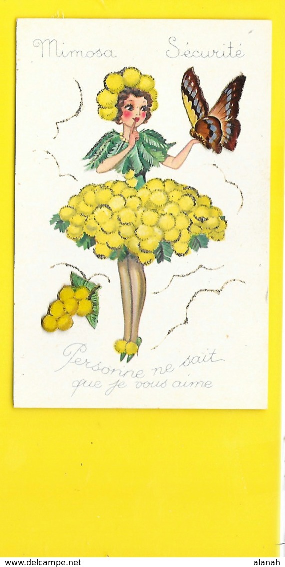 Fantaisie à Système Jeune Fille Fleur Mimosa Papillon Ajoutis Paillettes (IDA 599) - Cartoline Con Meccanismi