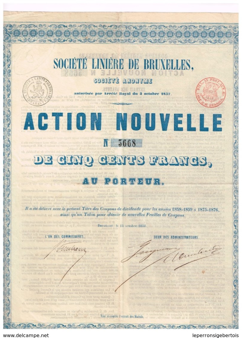 Titre Ancien - Société Linière De Bruxelles - Action Nouvelle - Titre De 1858 -  N°3668 - Textile