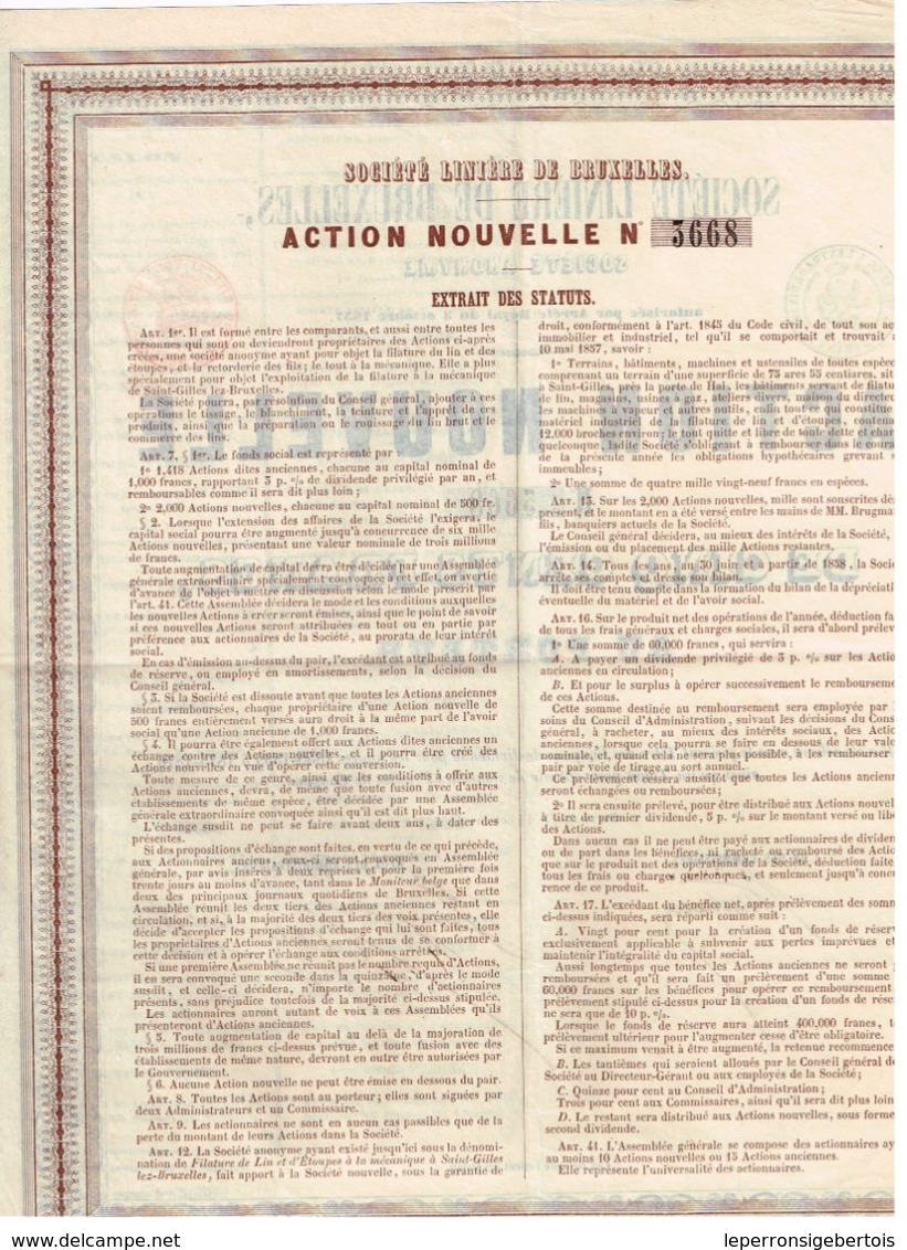 Titre Ancien - Société Linière De Bruxelles - Action Nouvelle - Titre De 1858 -  N°3668 - Textile