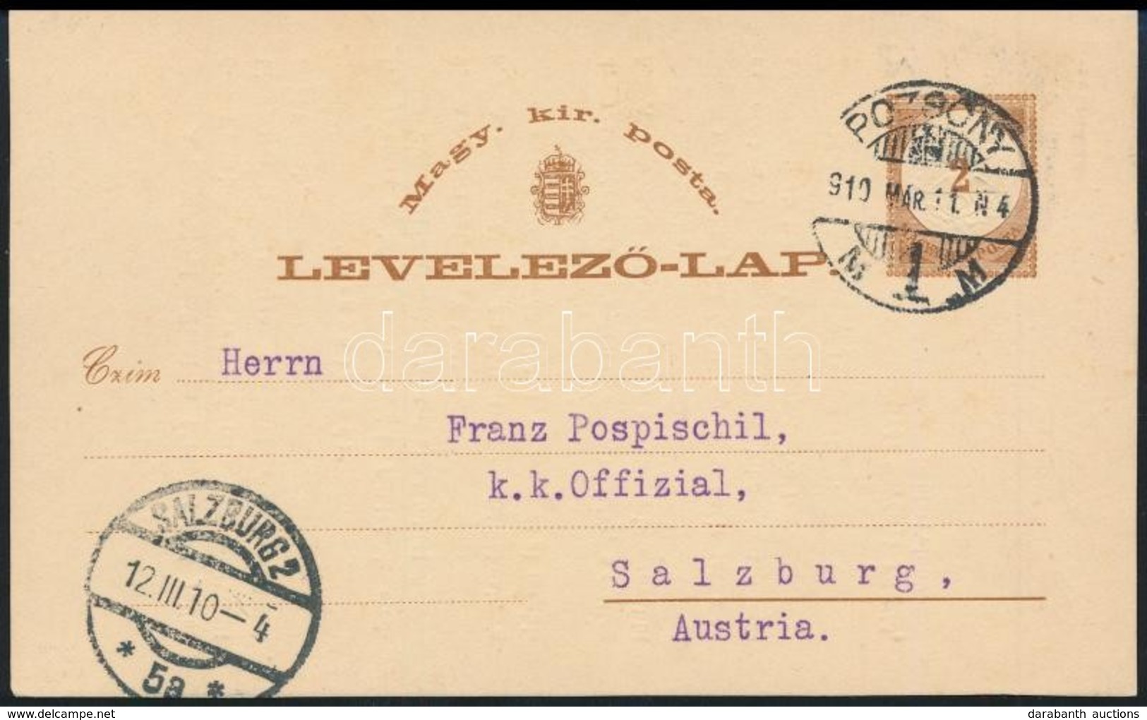 1910 1874-es Kiadású Díjjegyes Levelezőlap Hátoldali Felülnyomással, 1910-ben Pozsonyból Salzburgba Küldve, Portózás Nél - Other & Unclassified