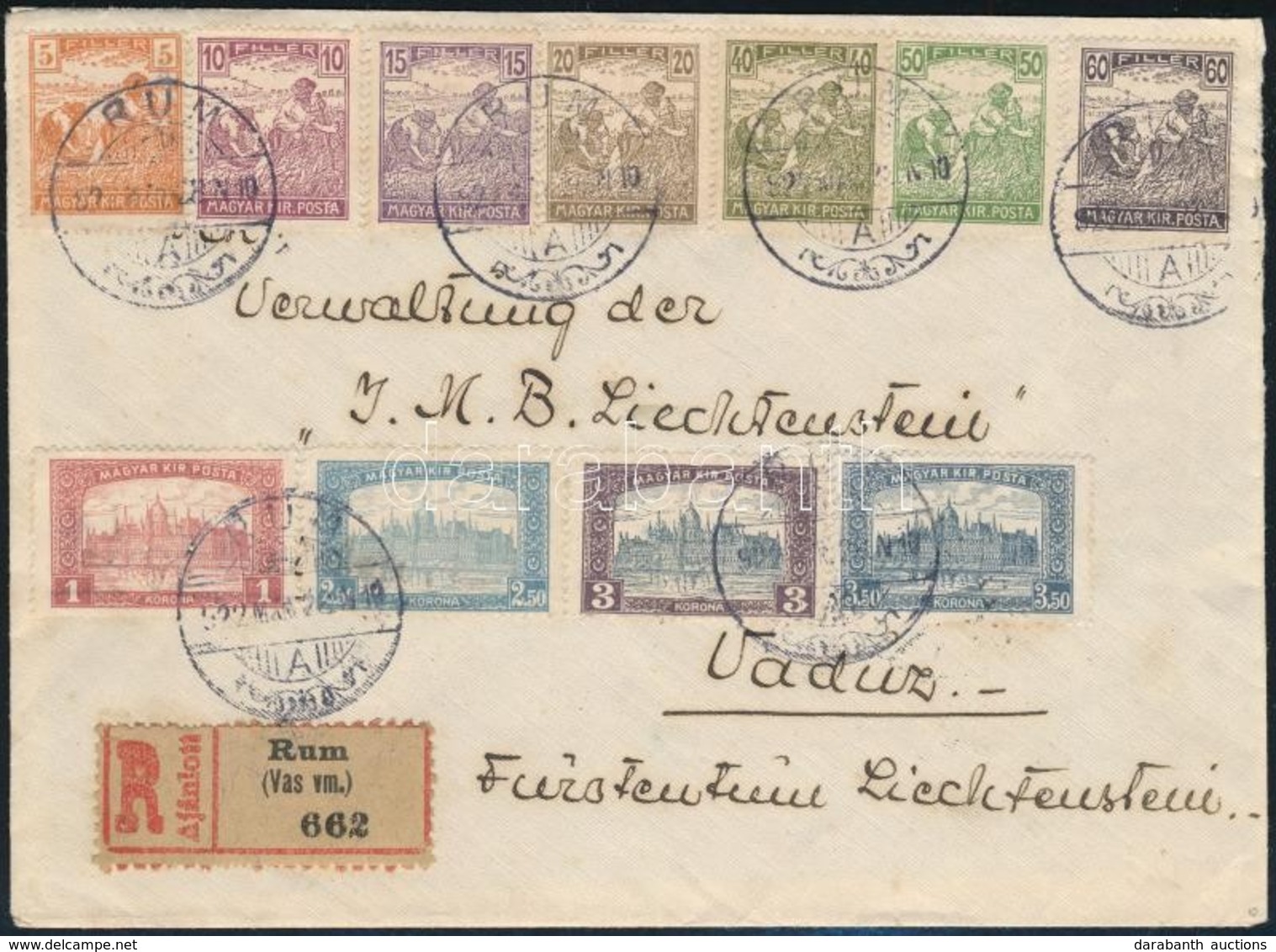 1922 Márc. 22. Tarifahelyes Ajánlott Levél 12K Bérmentesítéssel (6K Levéldíj + 6K Ajánlási Díj) 'RUM' - 'VADUZ' Nagyon R - Other & Unclassified