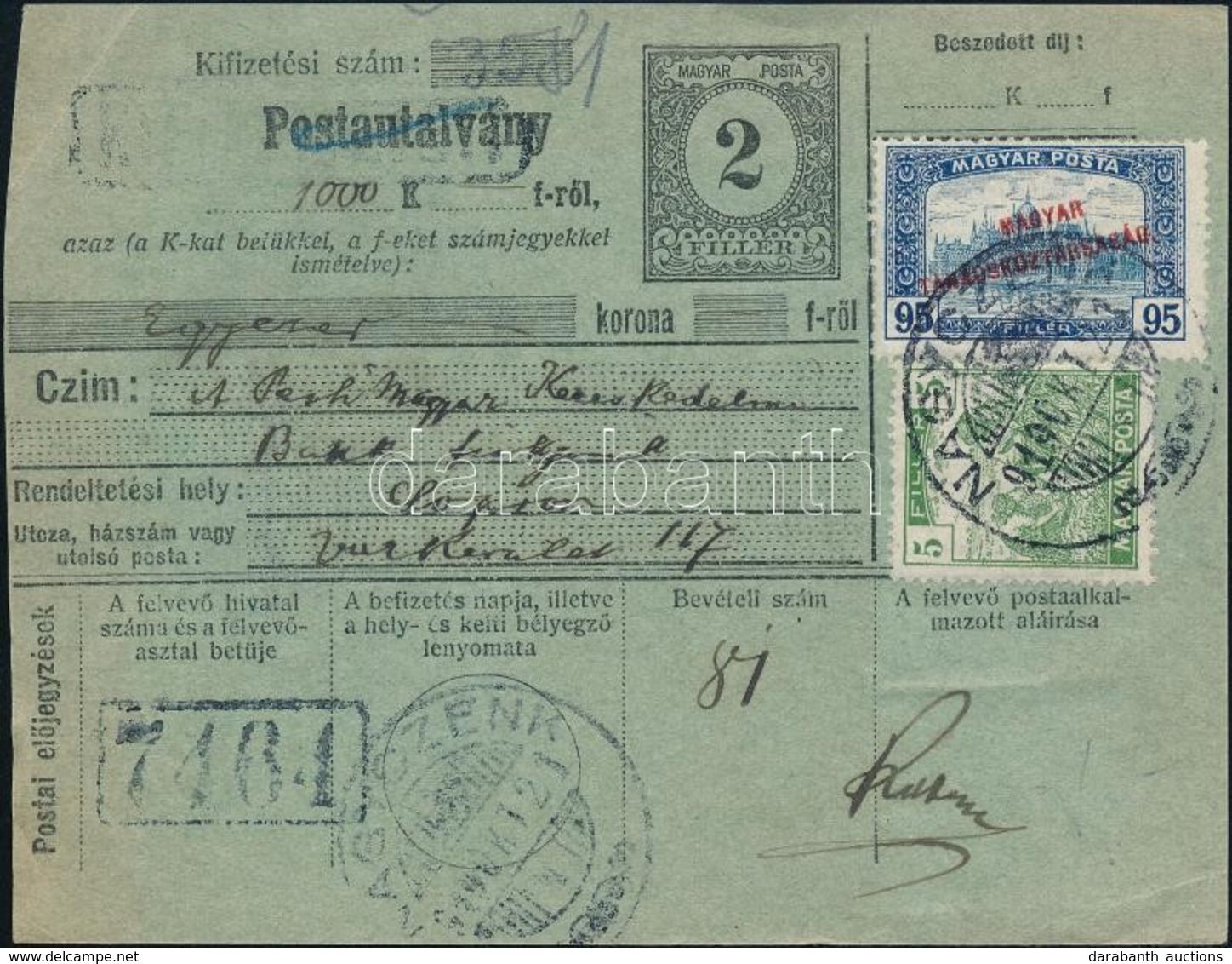 1919 Postautalvány Magyar Posta és Magyar Tanácsköztársaság Bélyegekkel Bérmentesítve - Other & Unclassified