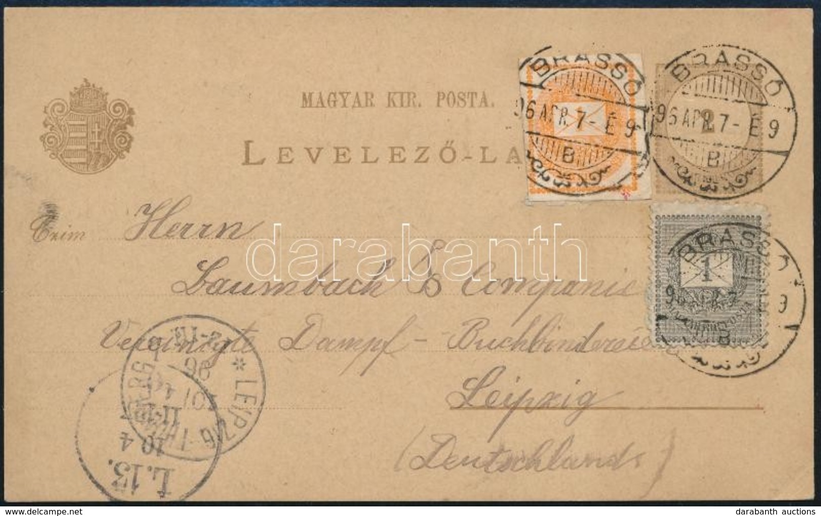 1896 Díjjegyes Levelezőlap 1kr Bélyeggel és Hírlapbélyeggel Kiegészítve Brassóból Németországba. Mindkét Bélyeget Megpró - Autres & Non Classés