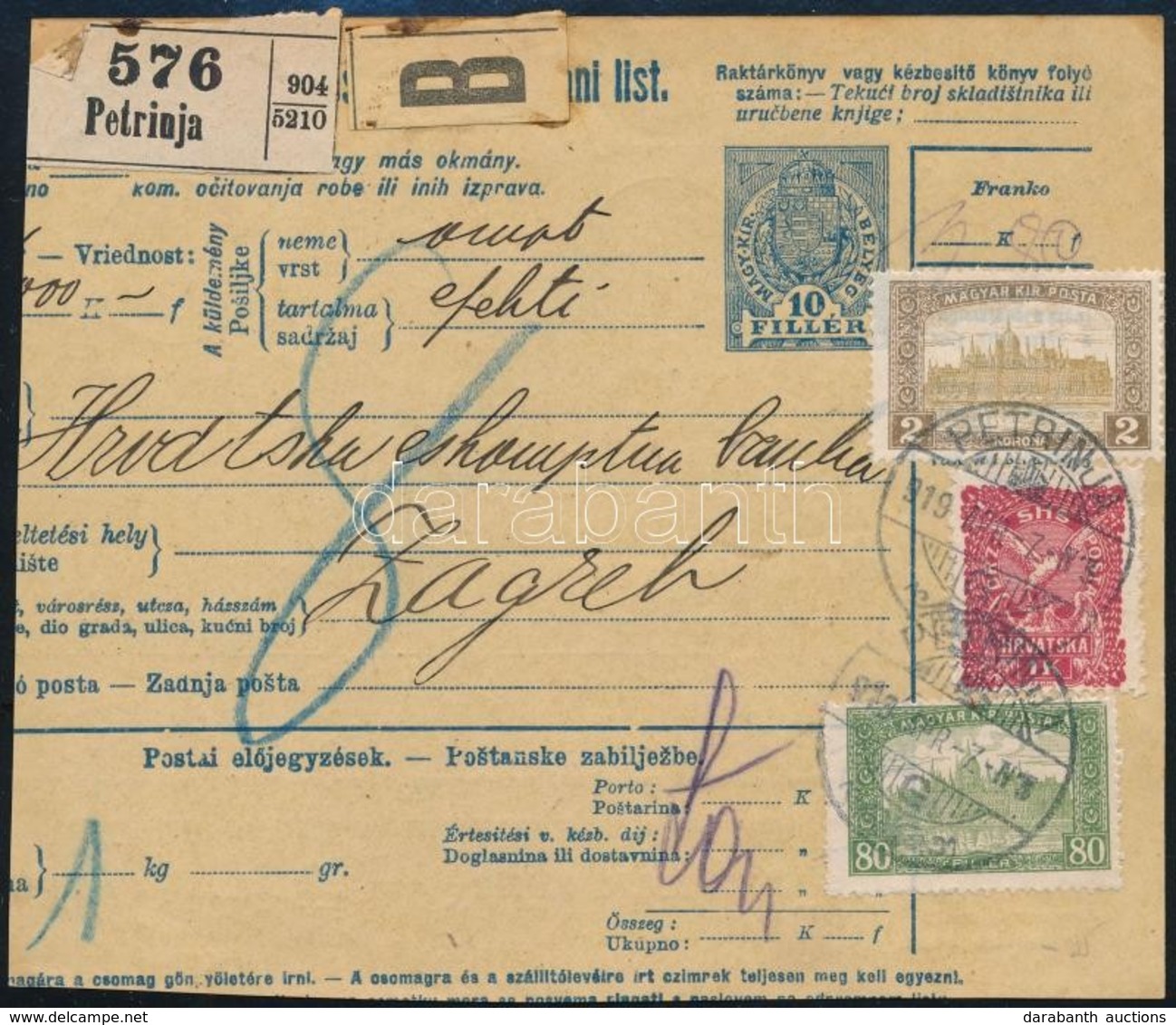SHS 1919 Magyar és Jugoszláv Vegyes Bérmentesítés Csomagszállítón 'PETRINJA'. Signed: Bodor - Other & Unclassified
