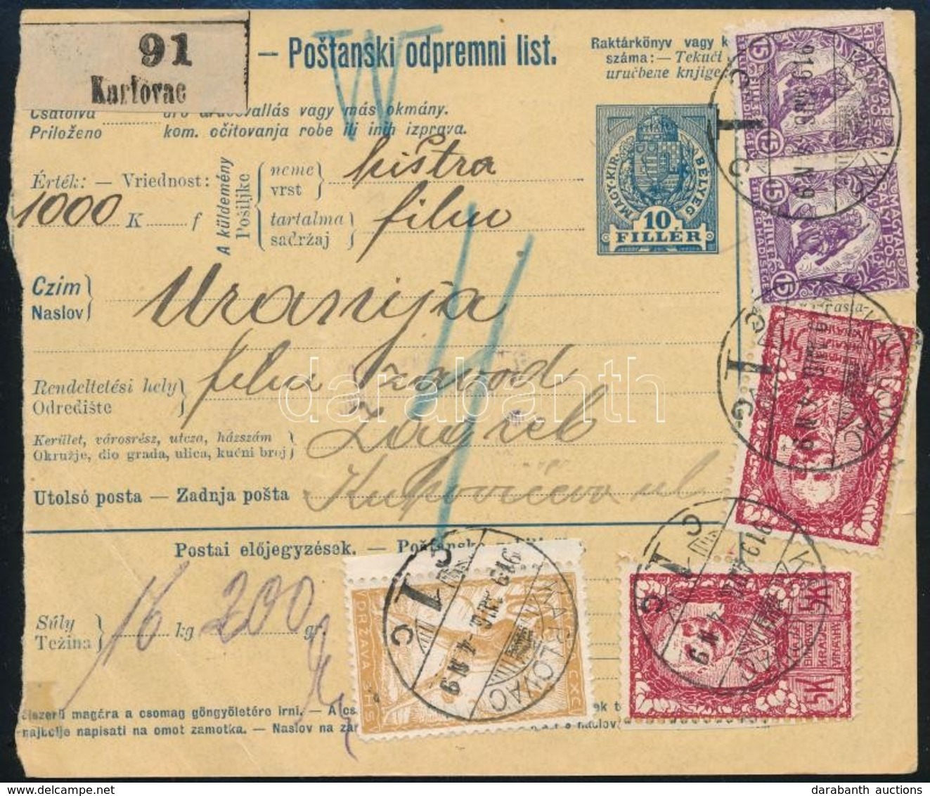 SHS 1919 Magyar és Jugoszláv Vegyes Bérmentesítés Csomagszállítón. Signed: Bodor - Autres & Non Classés