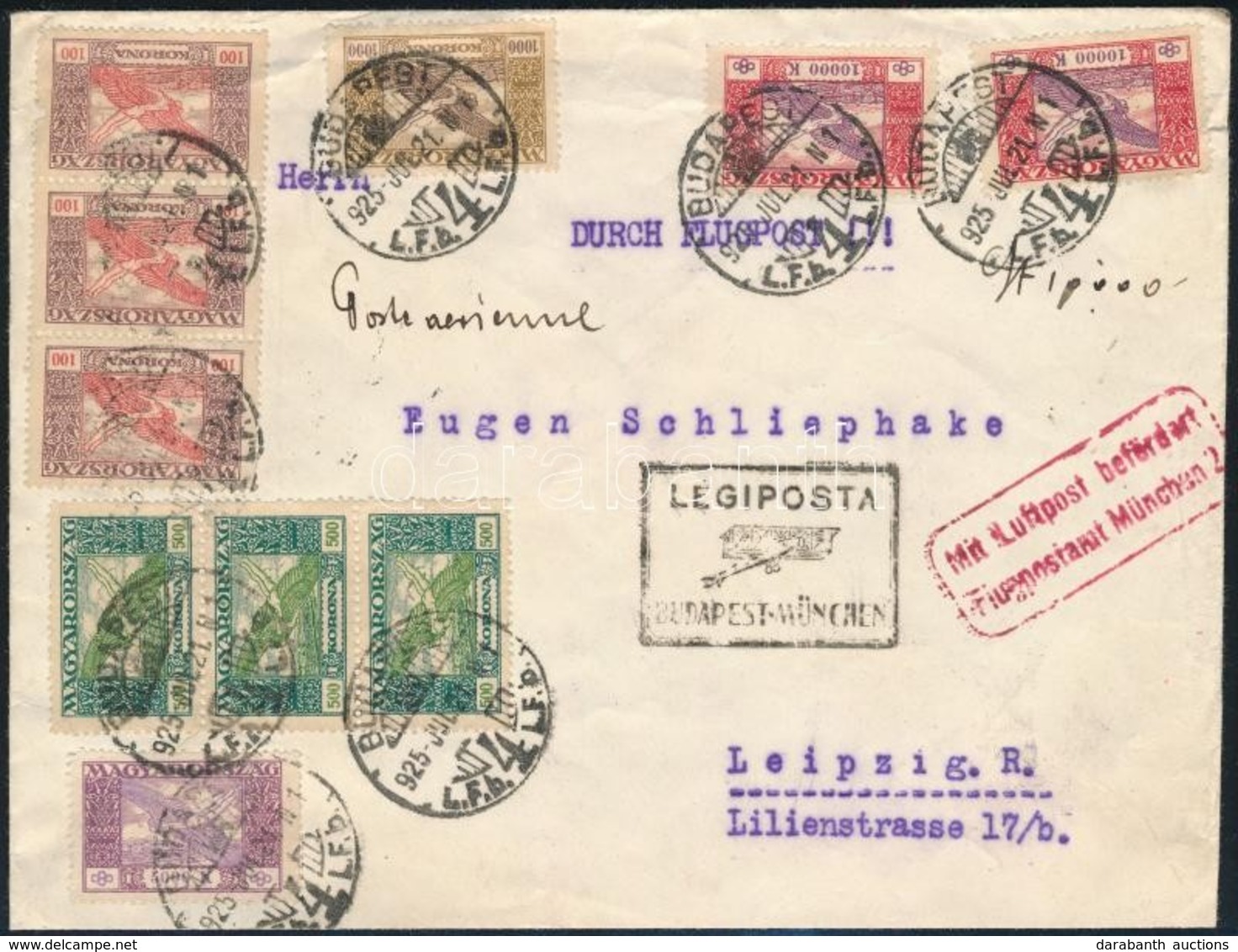 1925 Légi Levél 27.800K Ikarusz Bérmentesítéssel, BUDAPEST-MÜNCHEN Légi Irányító Bélyegzéssel Lipcsébe - Sonstige & Ohne Zuordnung